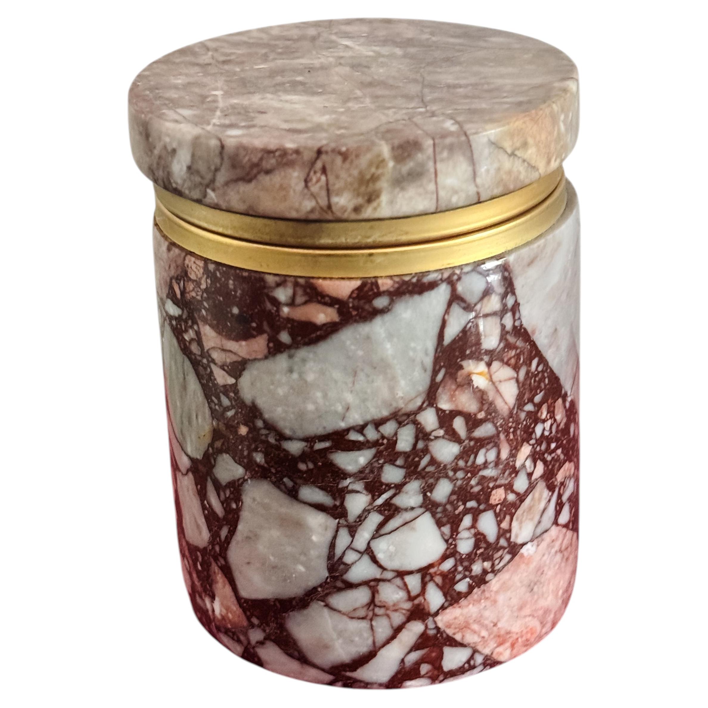 Scatola decorativa vintage con cerniere in marmo italiano Breccia rosa e ottone, anni '70