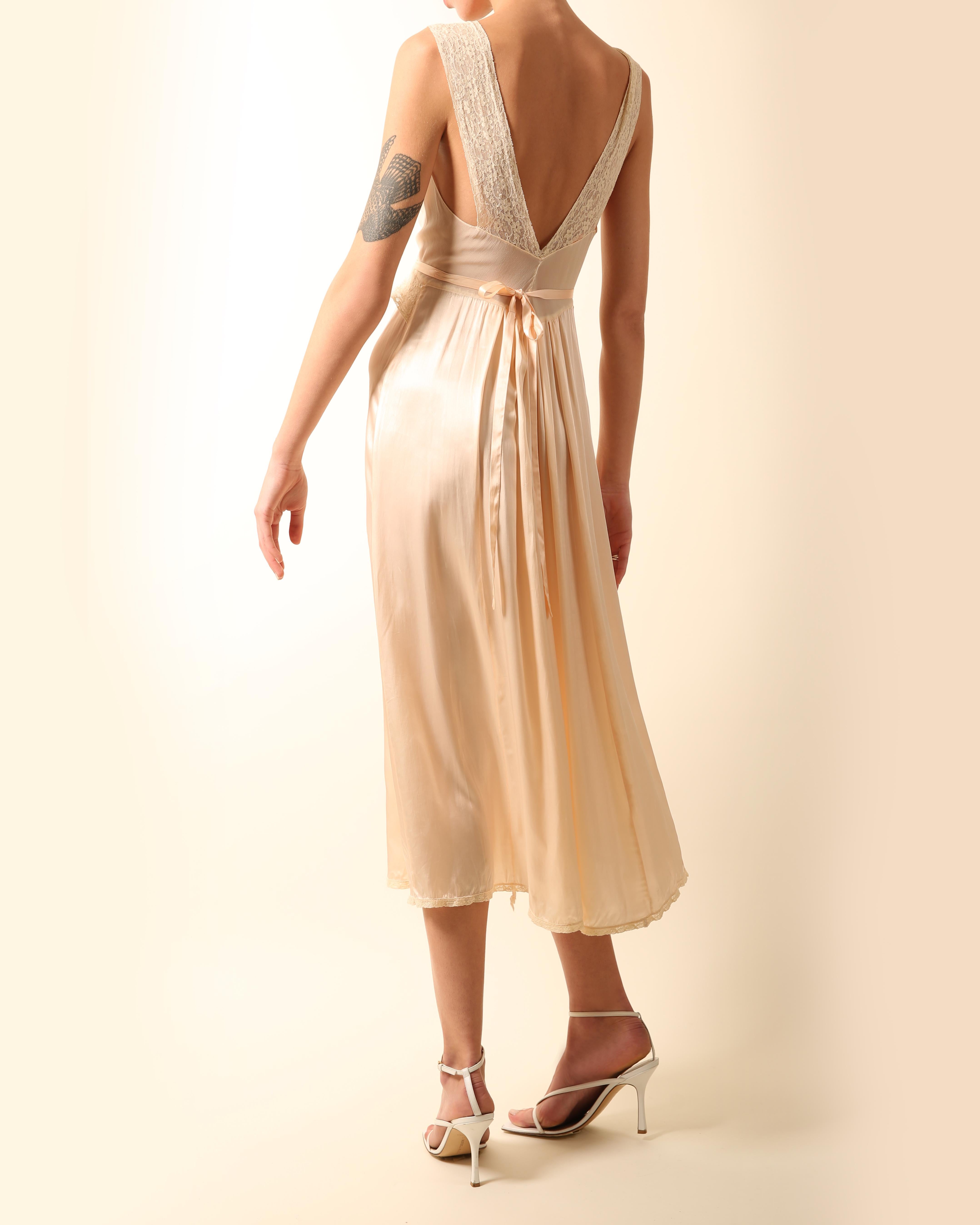 Vintage pink ivory silk chiffon lace sheer robe night gown midi slip dress XS-S 2