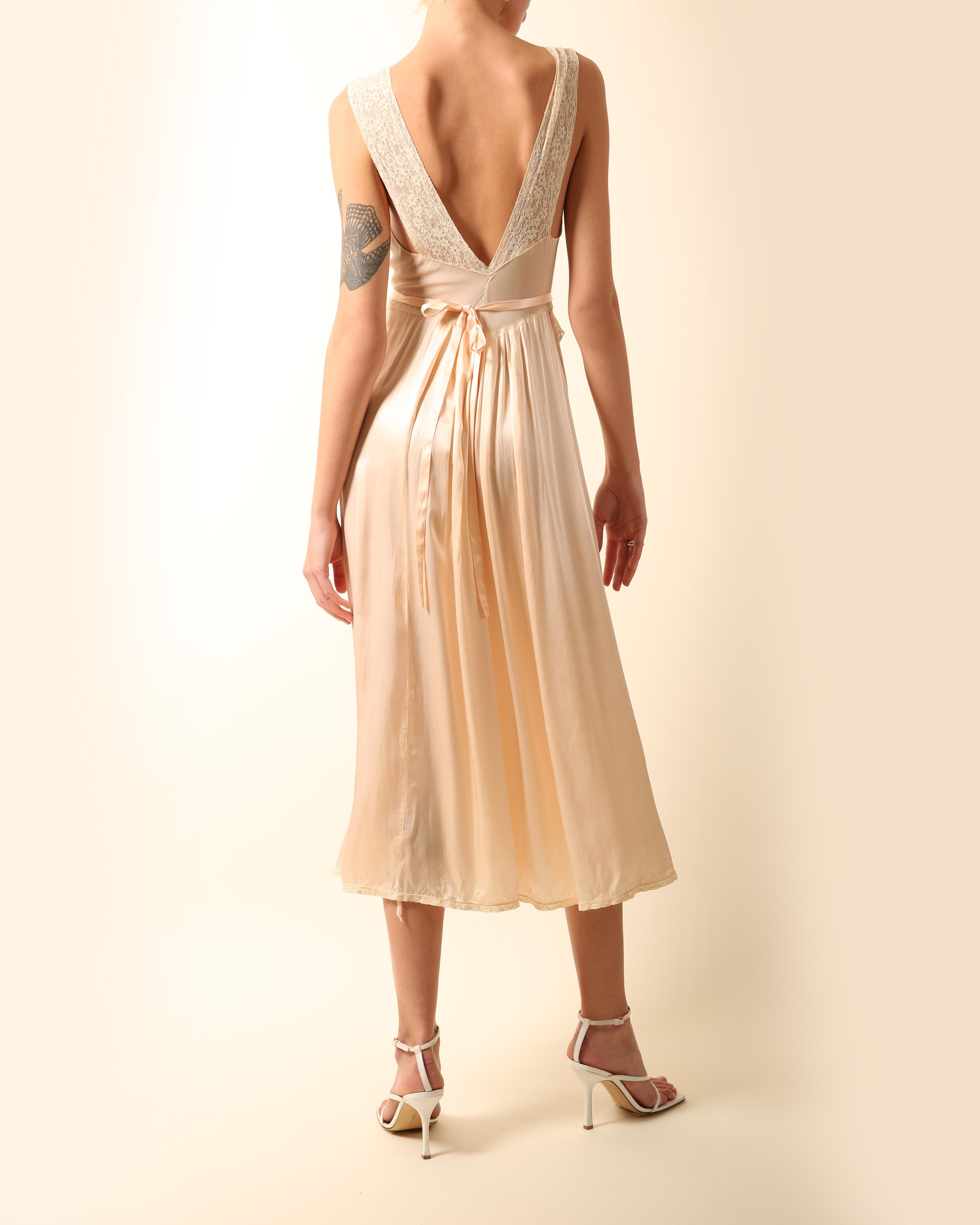 Vintage pink ivory silk chiffon lace sheer robe night gown midi slip dress XS-S 3