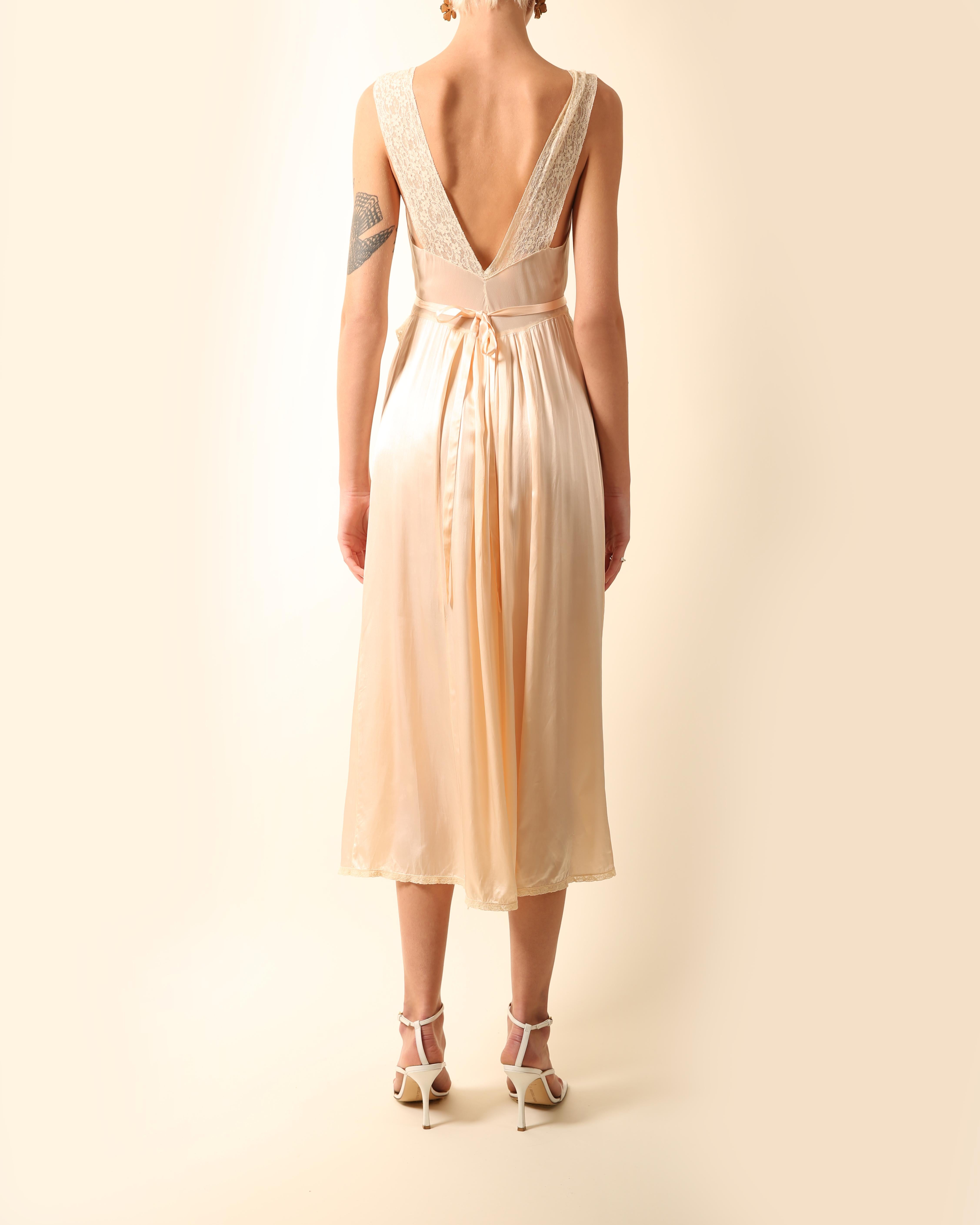 Vintage pink ivory silk chiffon lace sheer robe night gown midi slip dress XS-S 4