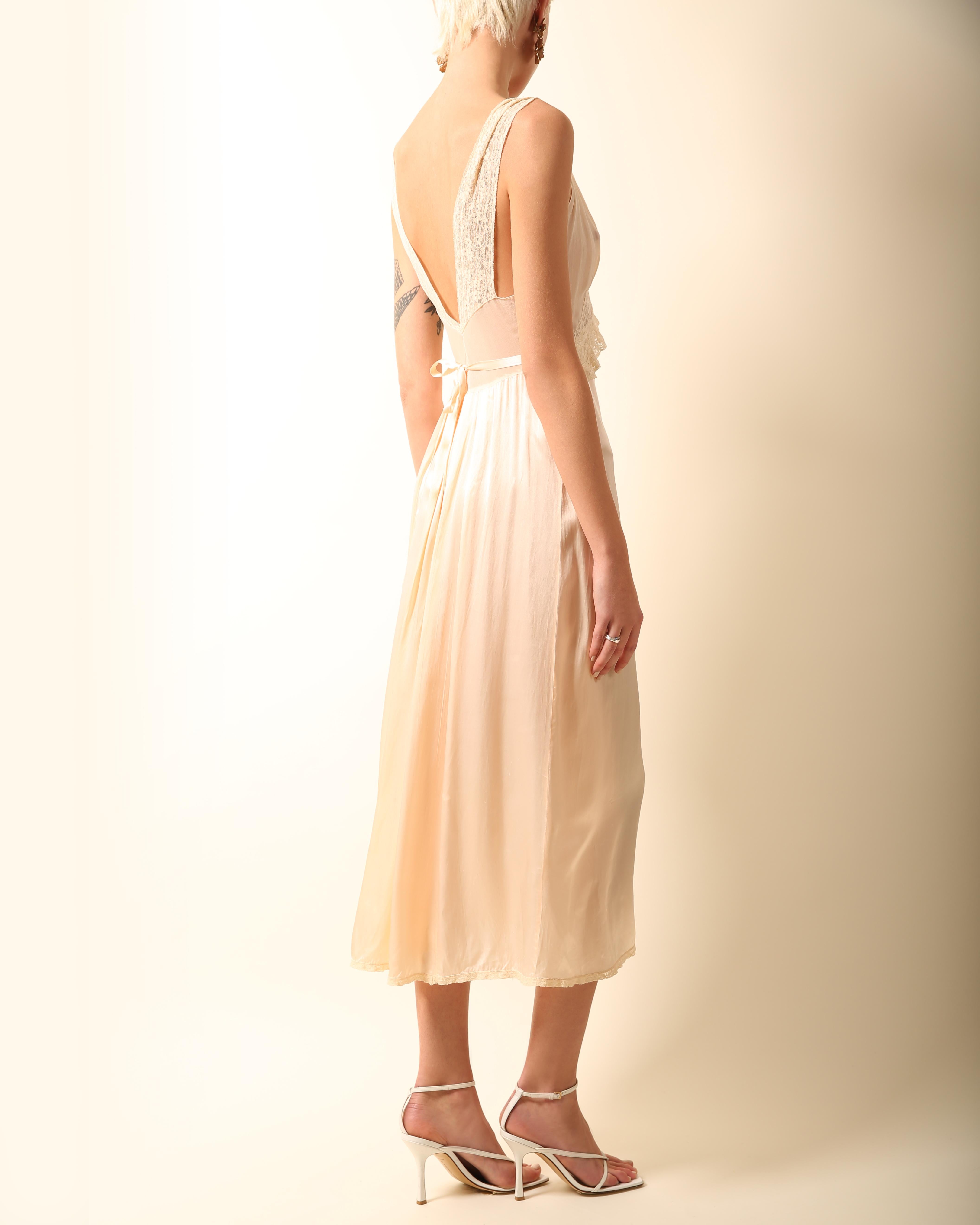 Vintage pink ivory silk chiffon lace sheer robe night gown midi slip dress XS-S 5