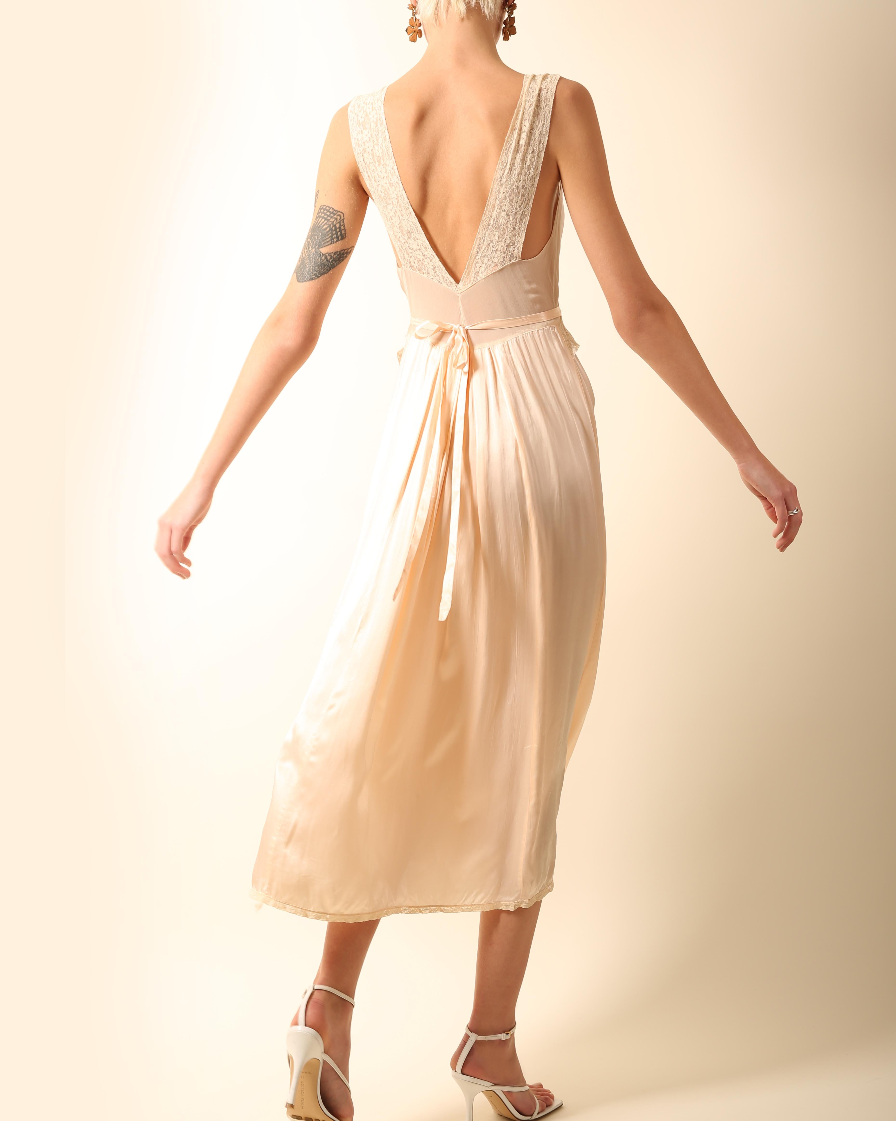 Vintage pink ivory silk chiffon lace sheer robe night gown midi slip dress XS-S 6