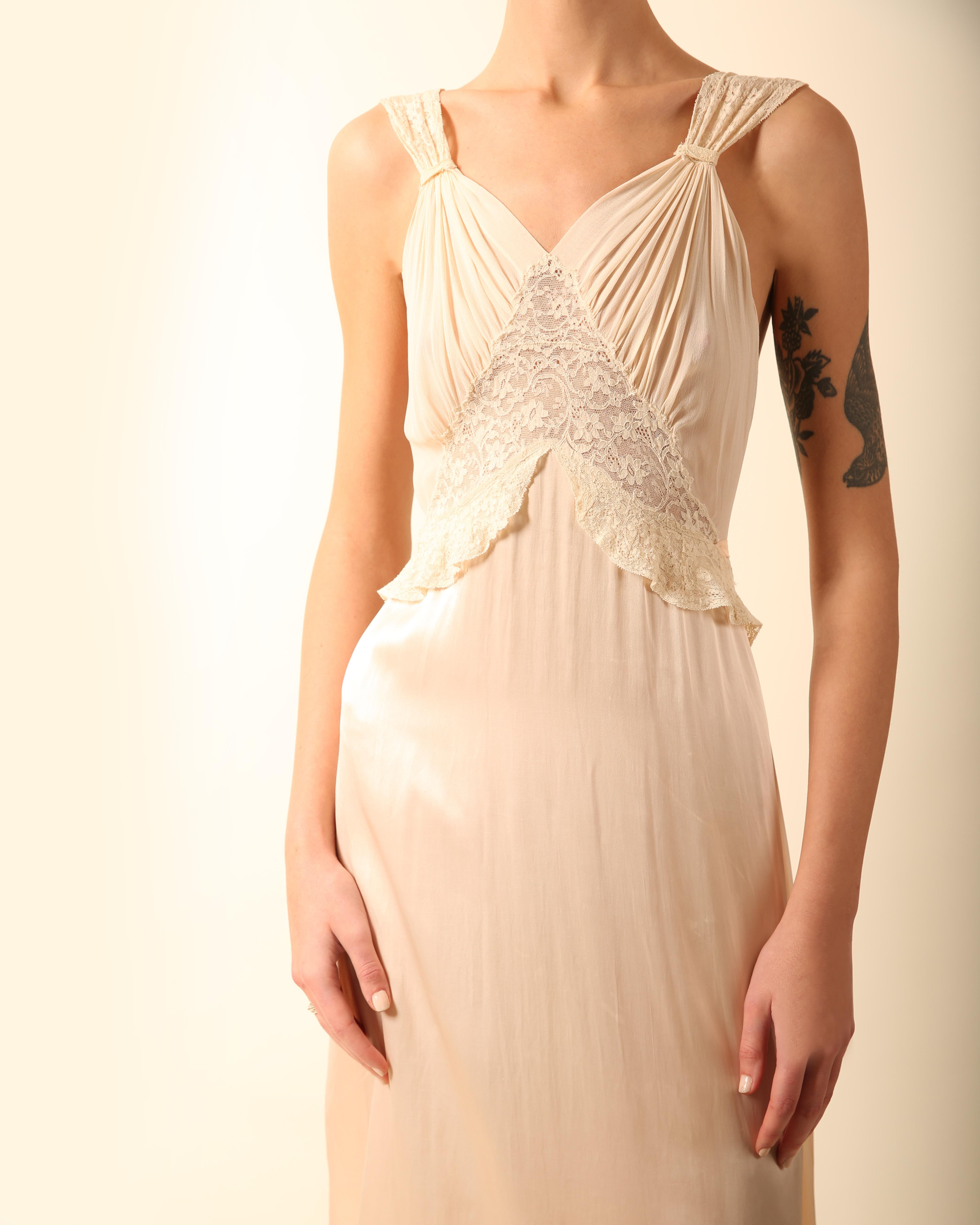 Vintage pink ivory silk chiffon lace sheer robe night gown midi slip dress XS-S 7