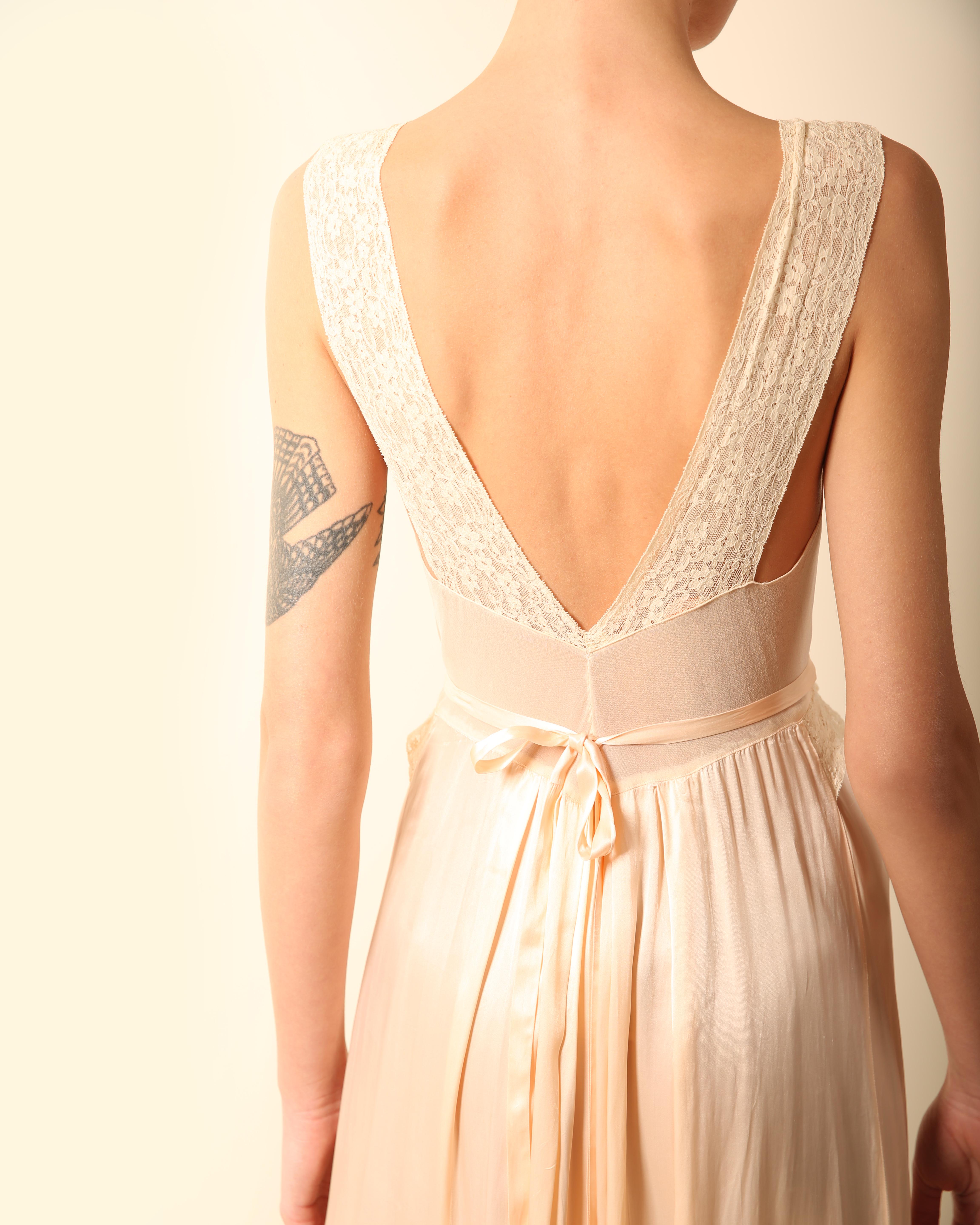 Vintage pink ivory silk chiffon lace sheer robe night gown midi slip dress XS-S 9