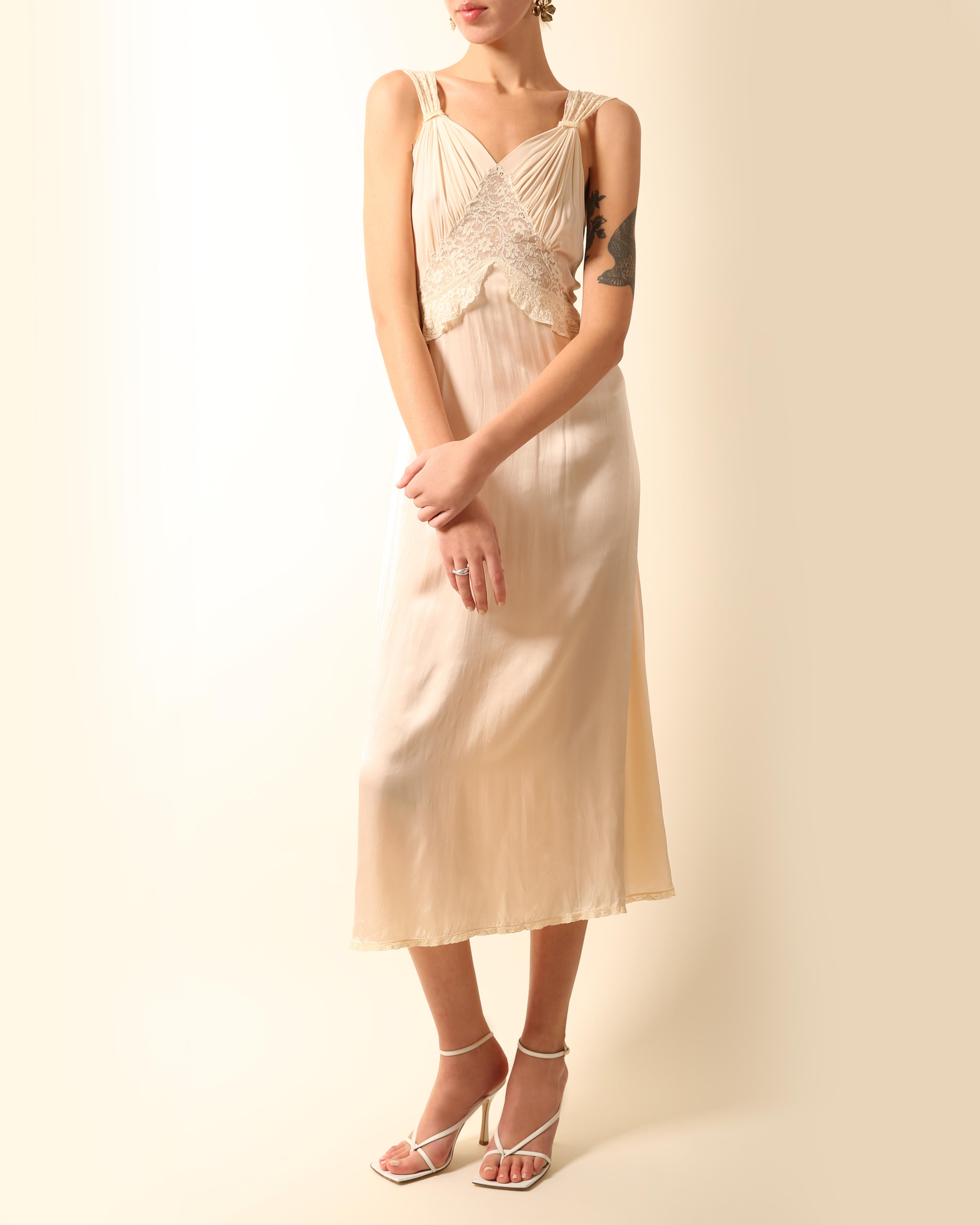 White Vintage pink ivory silk chiffon lace sheer robe night gown midi slip dress XS-S