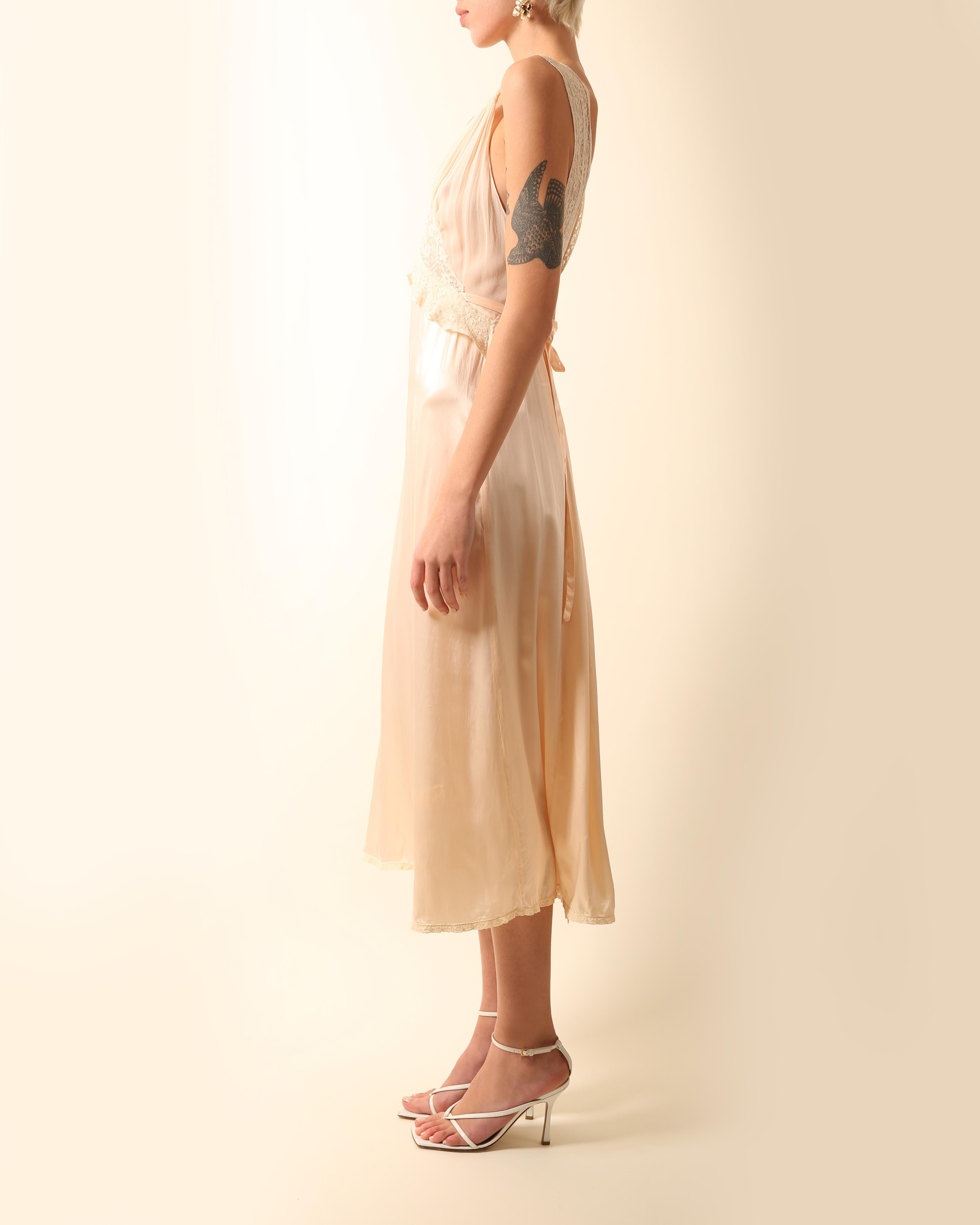 Women's Vintage pink ivory silk chiffon lace sheer robe night gown midi slip dress XS-S