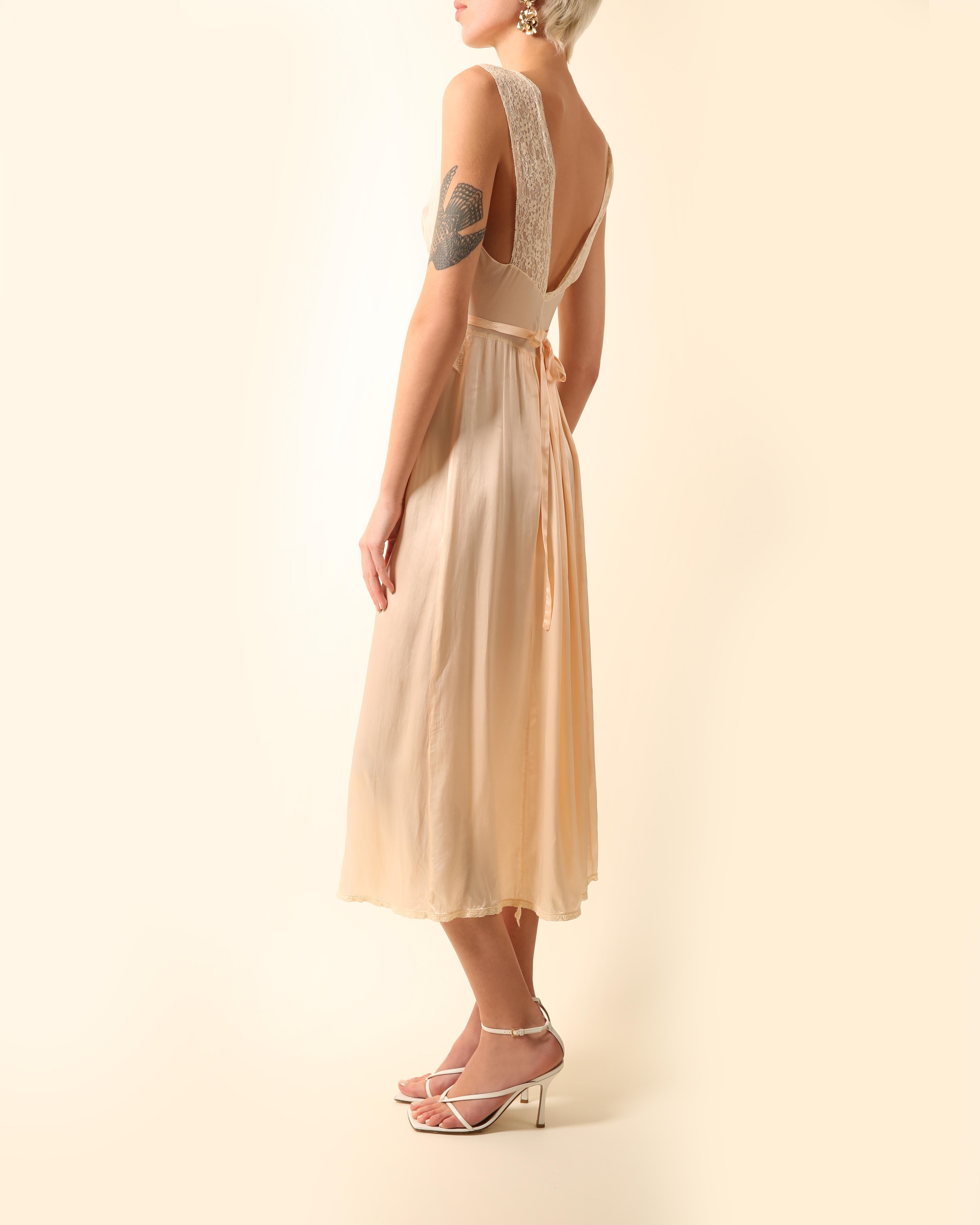 Vintage pink ivory silk chiffon lace sheer robe night gown midi slip dress XS-S 1