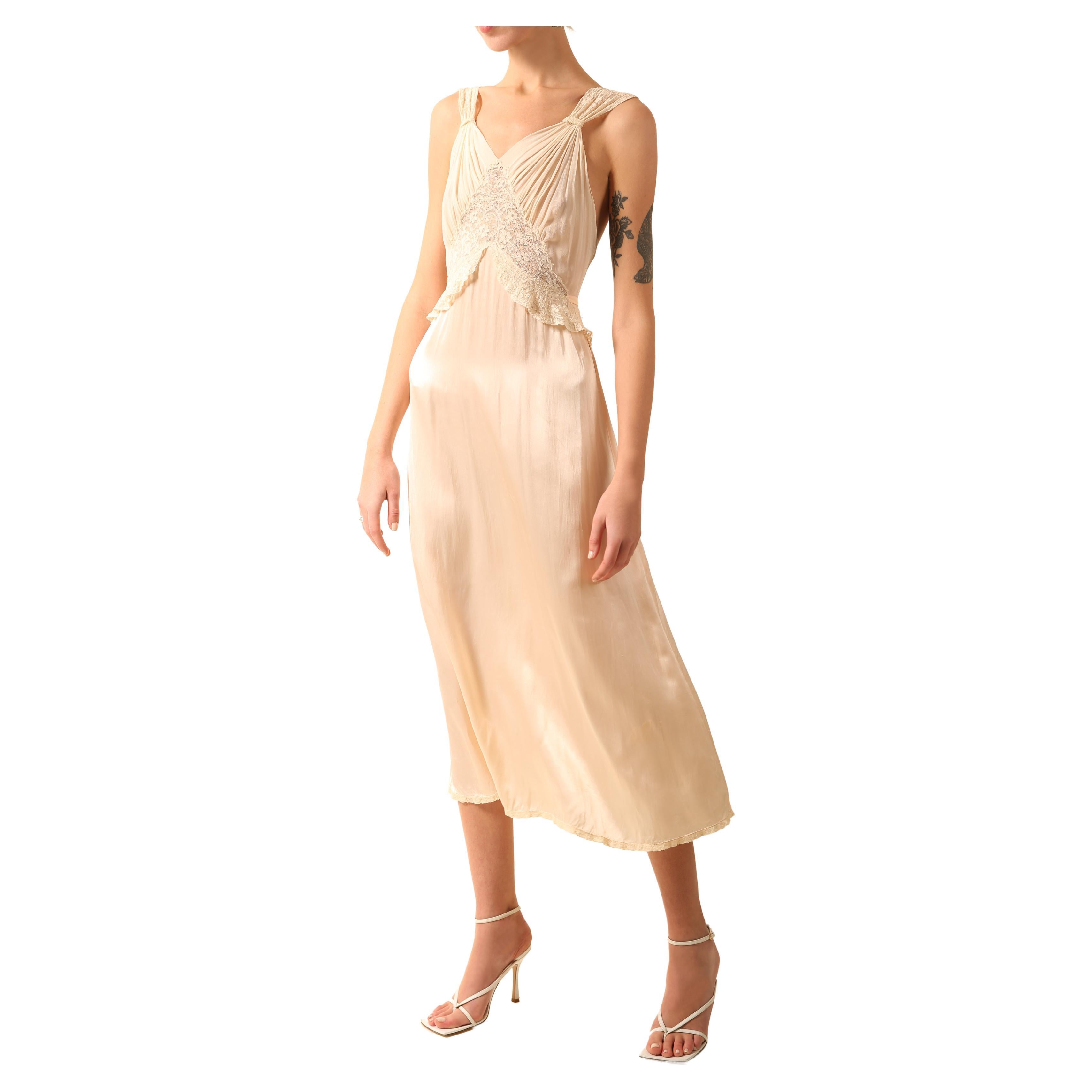 Vintage pink ivory silk chiffon lace sheer robe night gown midi slip dress XS-S