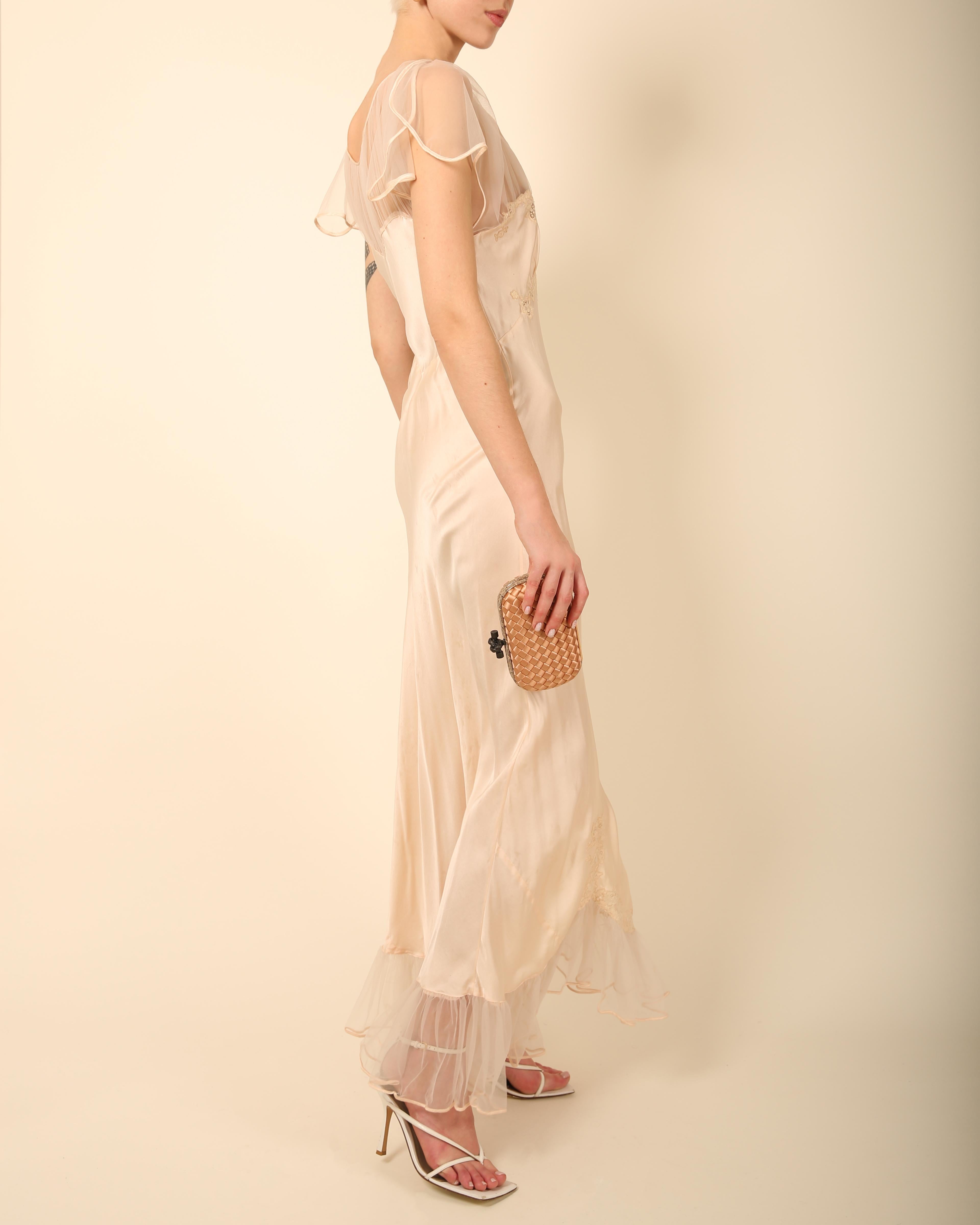 Vintage pink lace floral sheer silk ruffle nightgown robe bias maxi slip dress 2
