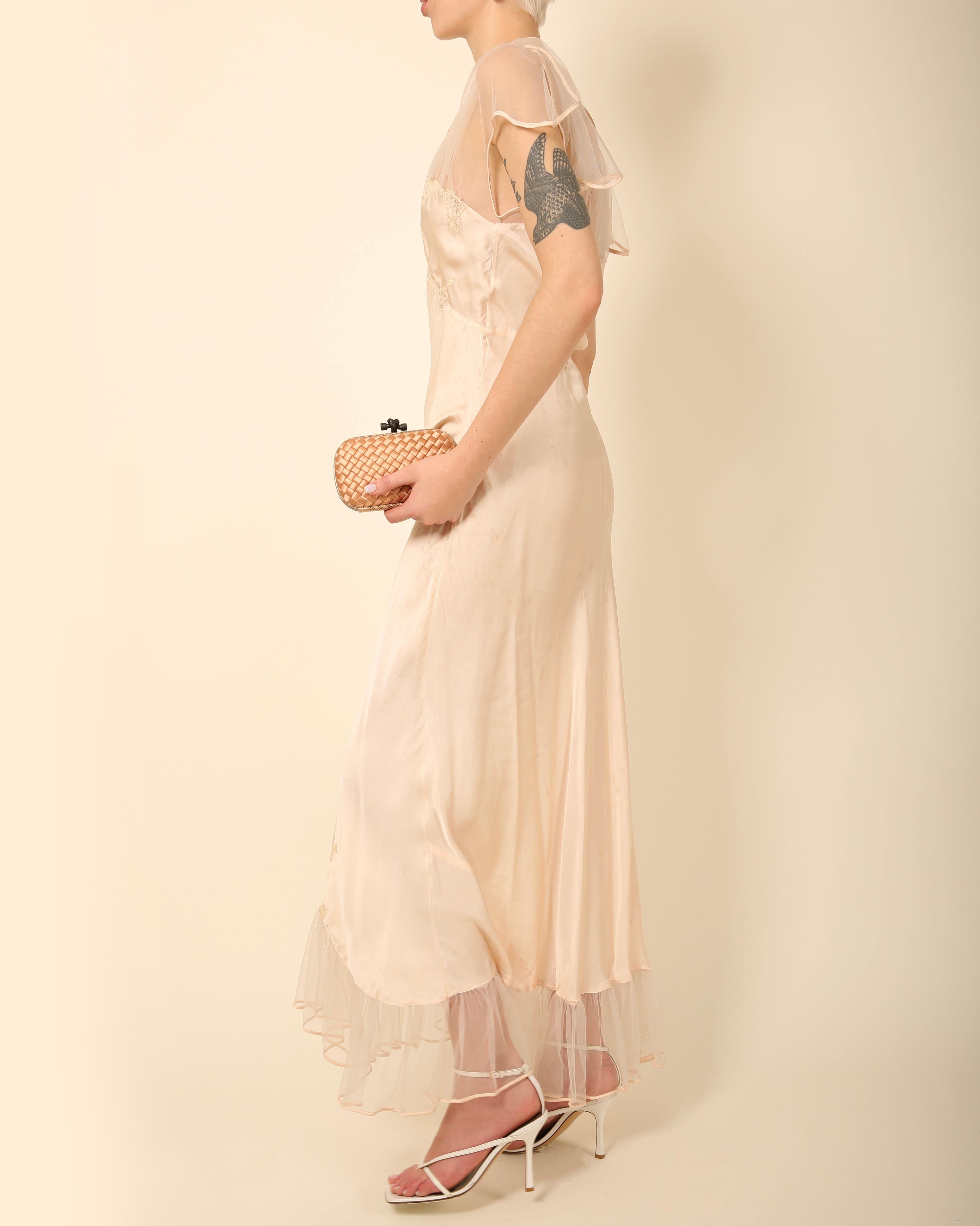 Vintage pink lace floral sheer silk ruffle nightgown robe bias maxi slip dress 3