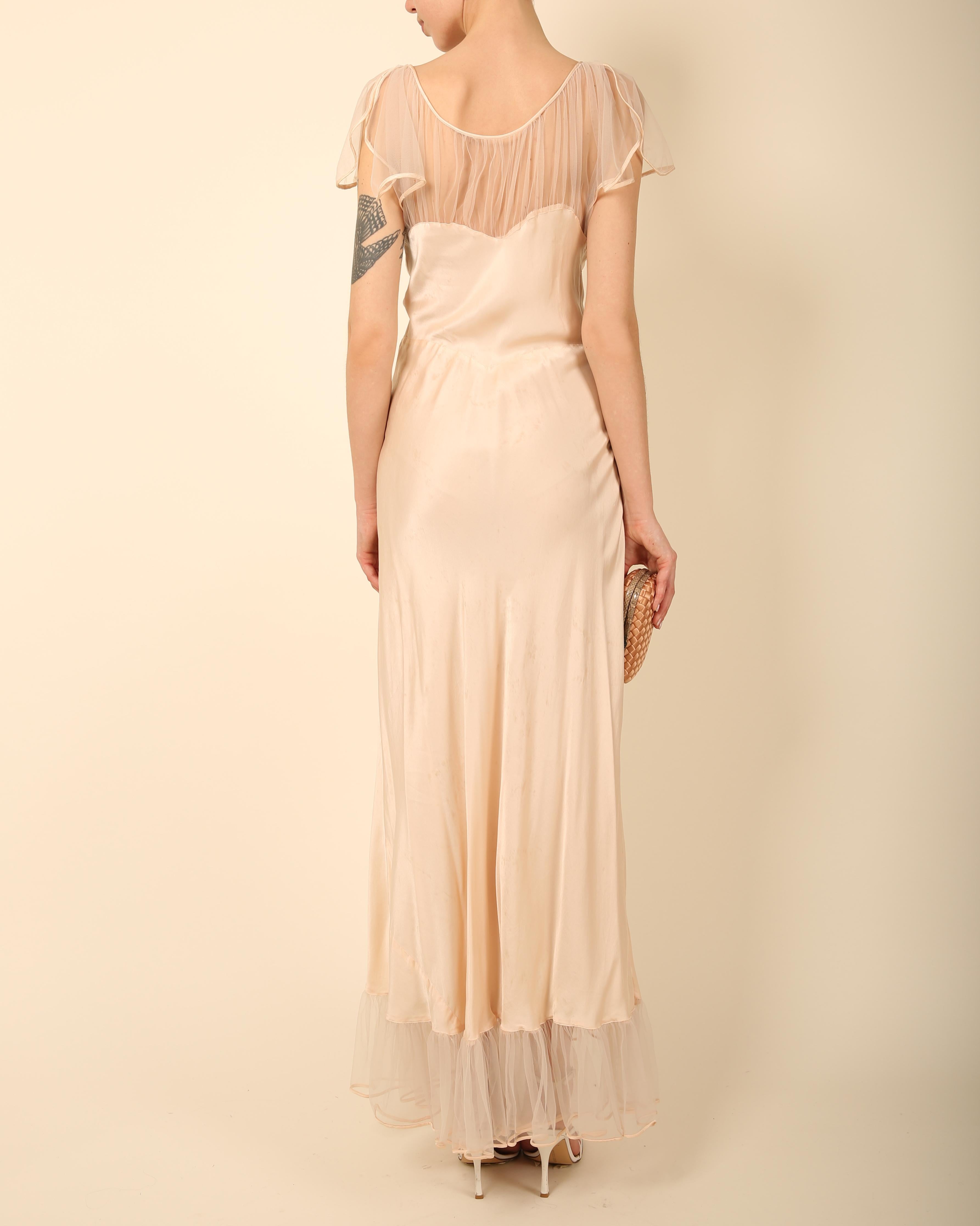 Vintage pink lace floral sheer silk ruffle nightgown robe bias maxi slip dress 5
