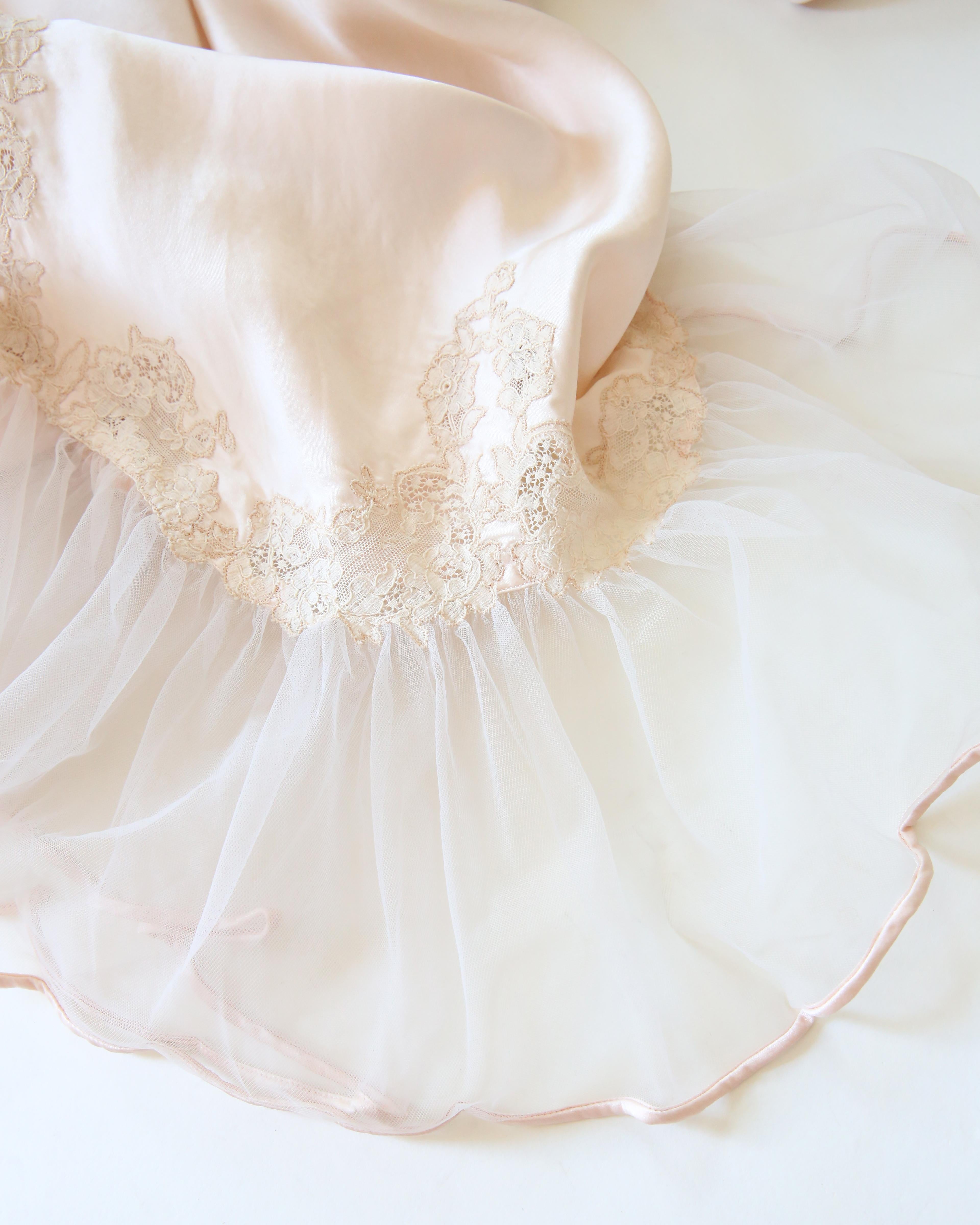 Vintage pink lace floral sheer silk ruffle nightgown robe bias maxi slip dress 11