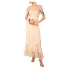 Retro pink lace floral sheer silk ruffle nightgown robe bias maxi slip dress