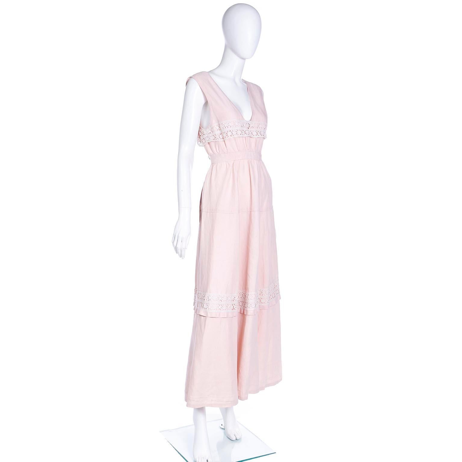 Vintage Pink Linen Edwardian Long Dress With White Lace Trim In Excellent Condition In Portland, OR