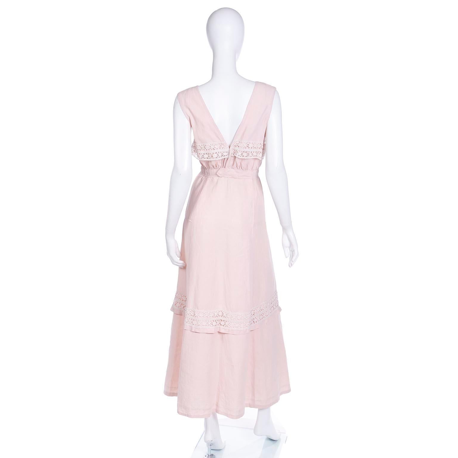 Women's Vintage Pink Linen Edwardian Long Dress With White Lace Trim