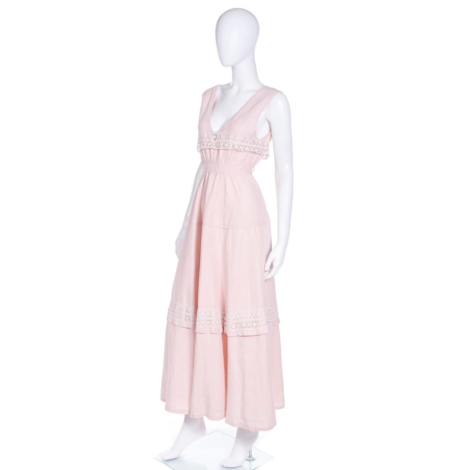 Vintage Pink Linen Edwardian Long Dress With White Lace Trim 1