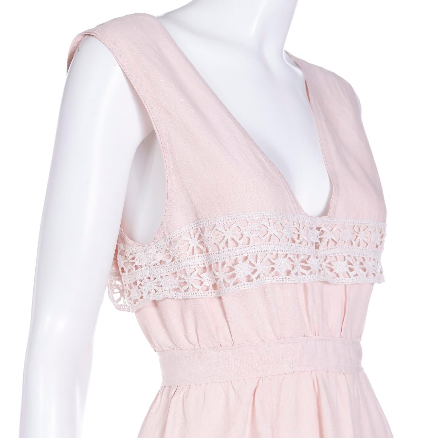 Vintage Pink Linen Edwardian Long Dress With White Lace Trim For Sale 2