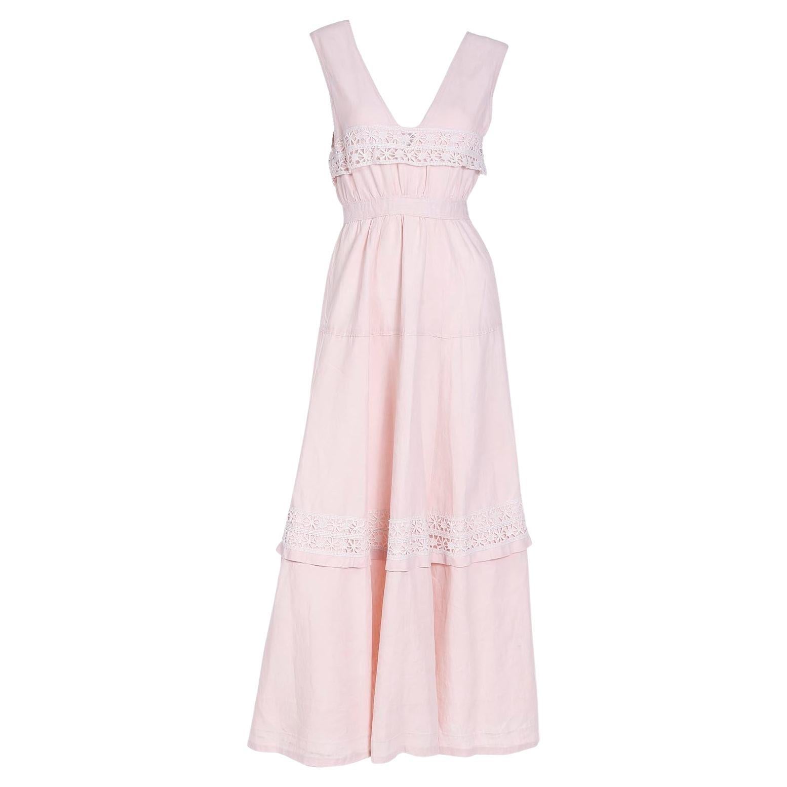 Vintage Pink Linen Edwardian Long Dress With White Lace Trim For Sale