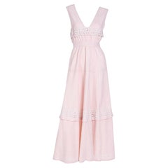 Vintage Pink Linen Edwardian Long Dress With White Lace Trim
