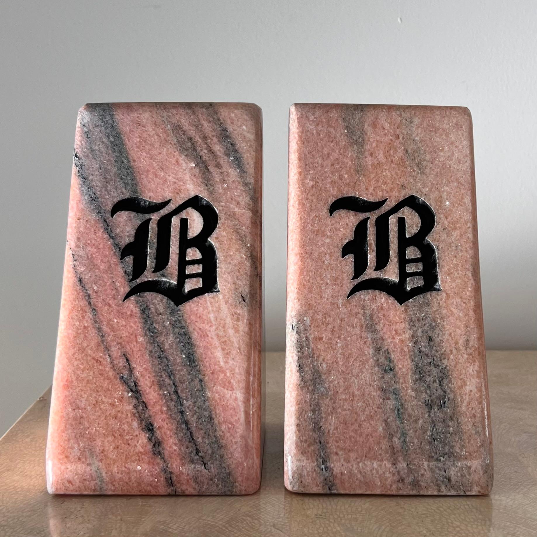 Vintage Pink Marble Bookends with Etched Gothic “B”, Late 20th Century For Sale 5