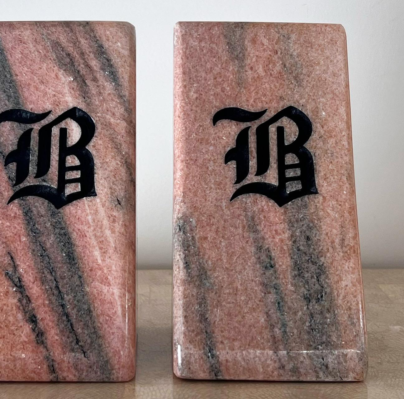 Vintage Pink Marble Bookends with Etched Gothic “B”, Late 20th Century For Sale 5