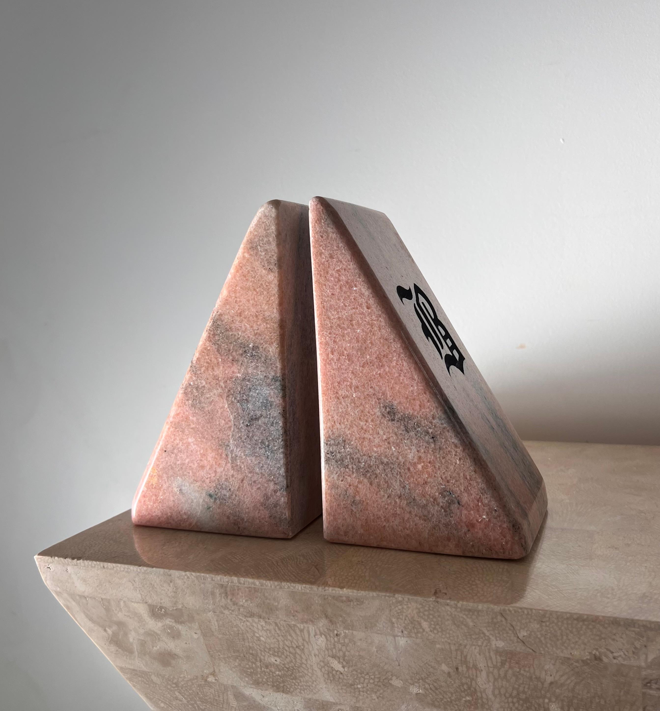 Vintage Pink Marble Bookends with Etched Gothic “B”, Late 20th Century For Sale 8