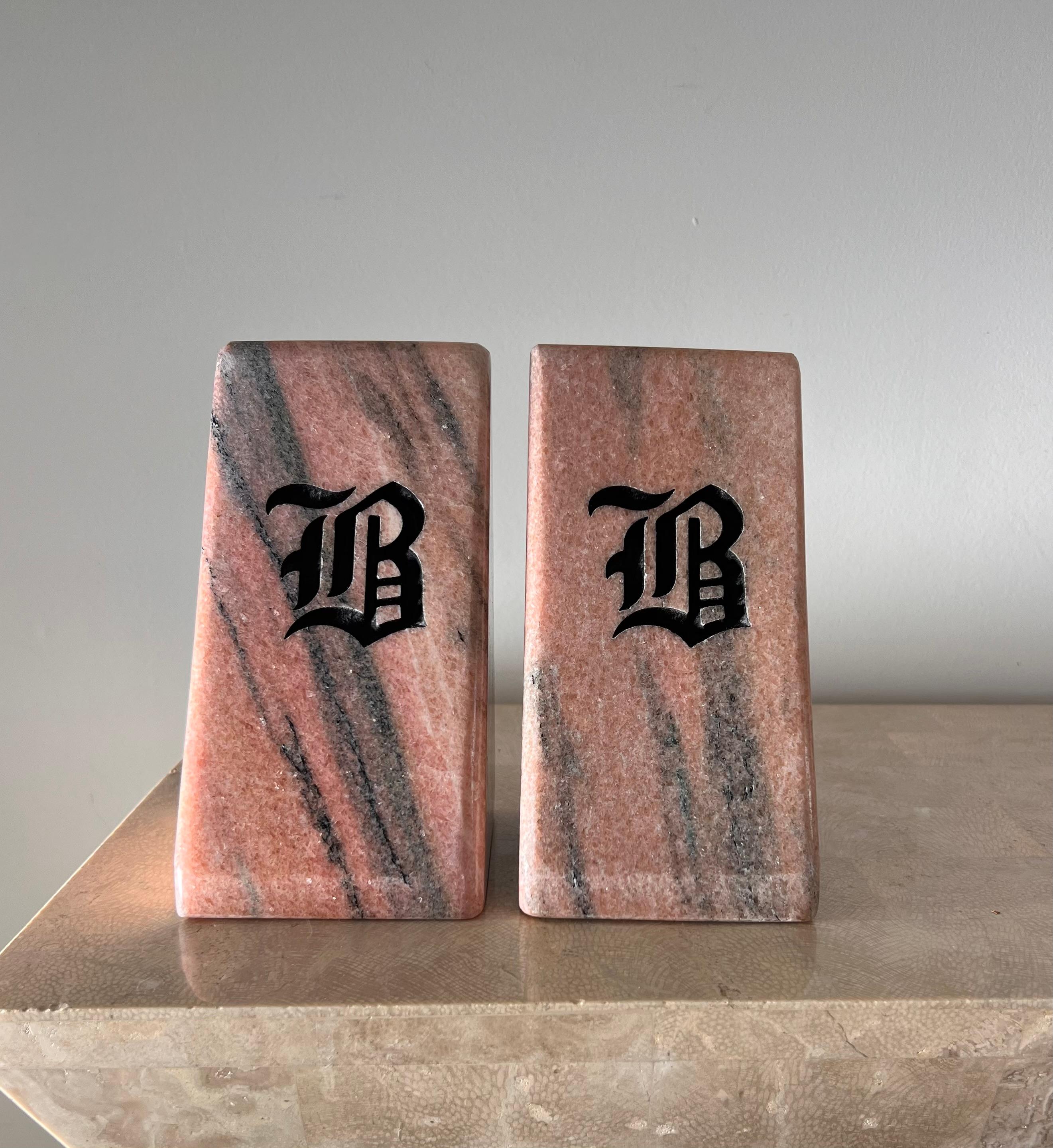 Vintage Pink Marble Bookends with Etched Gothic “B”, Late 20th Century For Sale 10