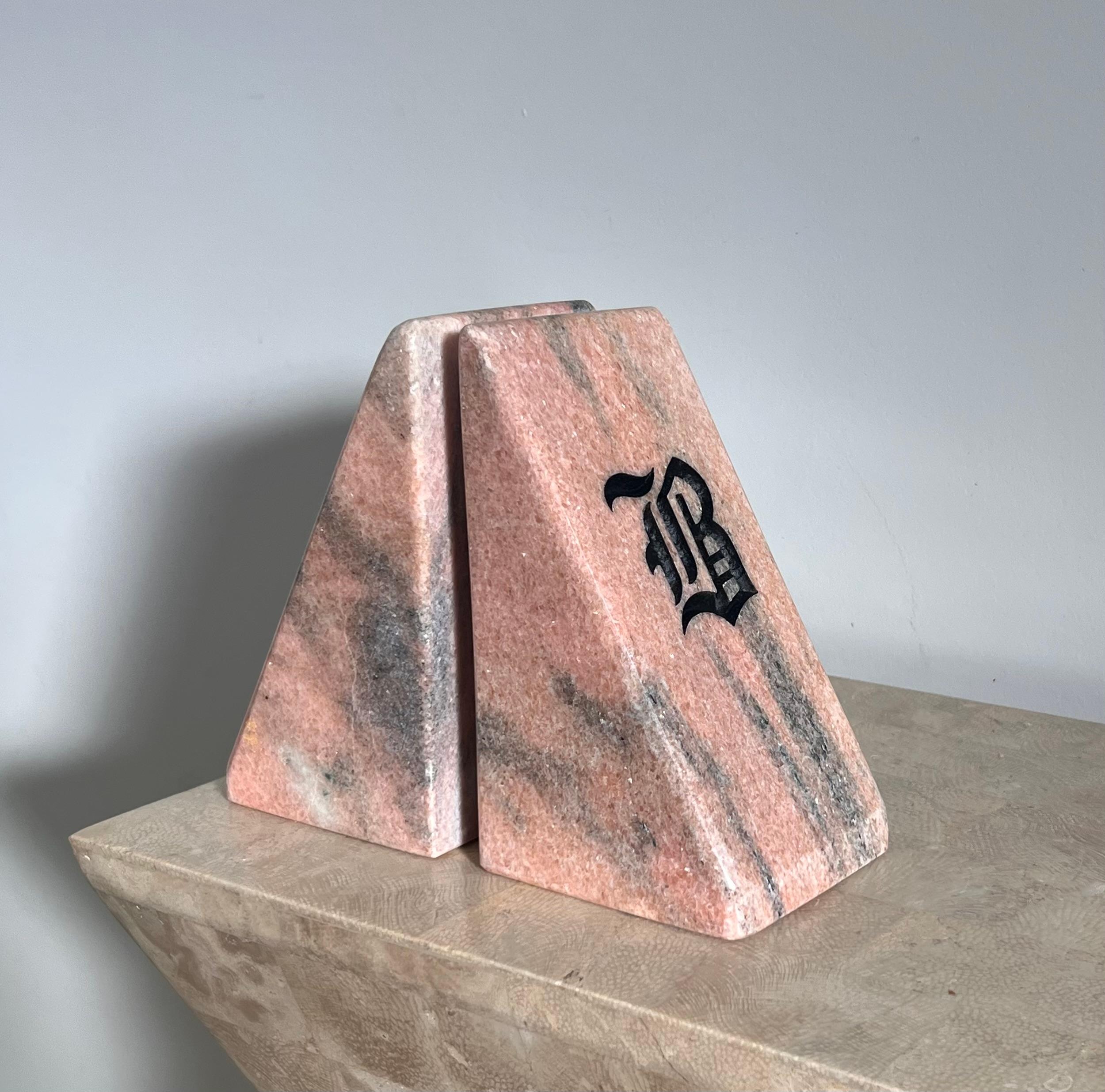 Vintage Pink Marble Bookends with Etched Gothic “B”, Late 20th Century For Sale 11