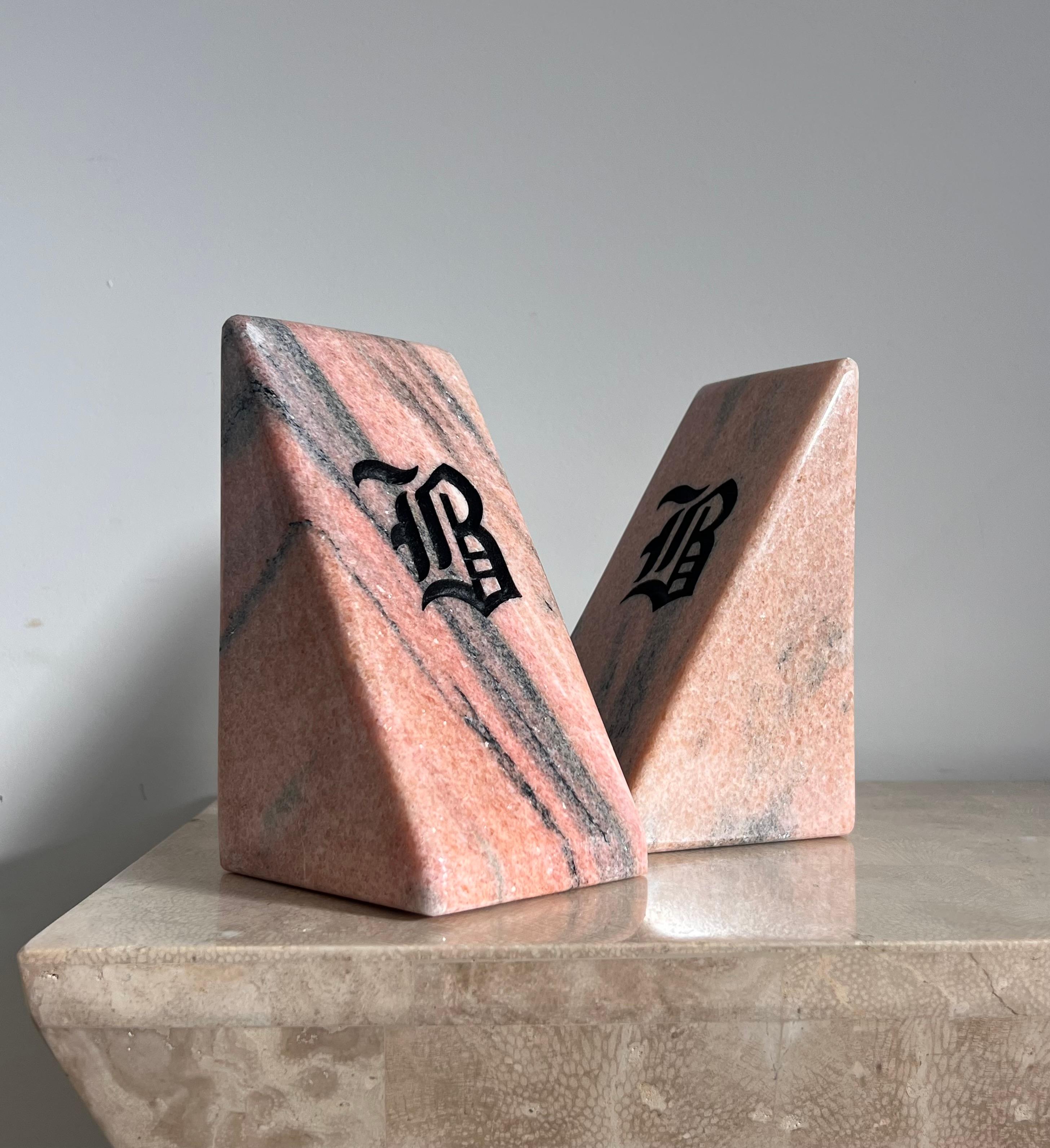 Post-Modern Vintage Pink Marble Bookends with Etched Gothic “B”, Late 20th Century For Sale