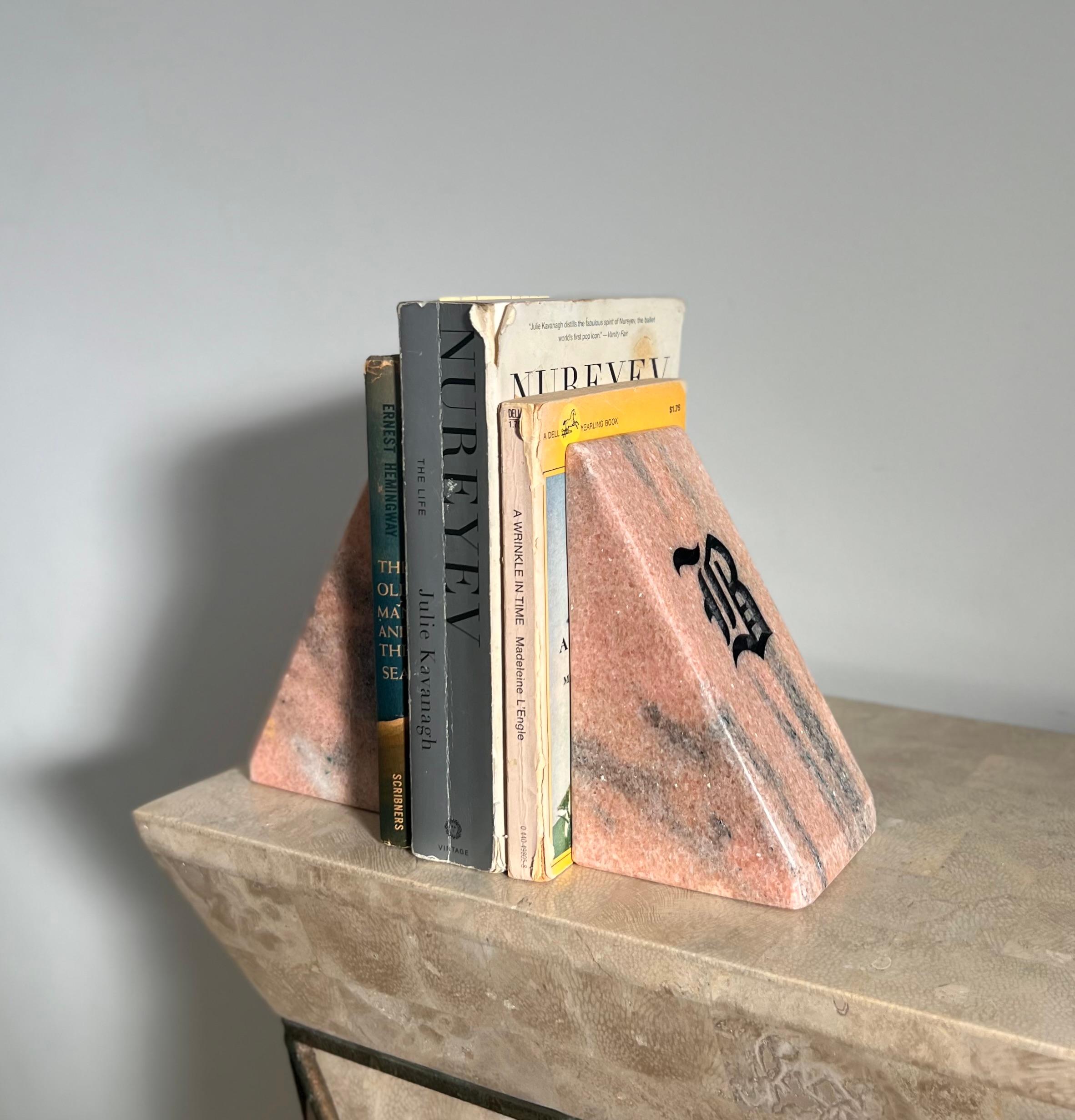 Vintage Pink Marble Bookends with Etched Gothic “B”, Late 20th Century In Good Condition For Sale In View Park, CA