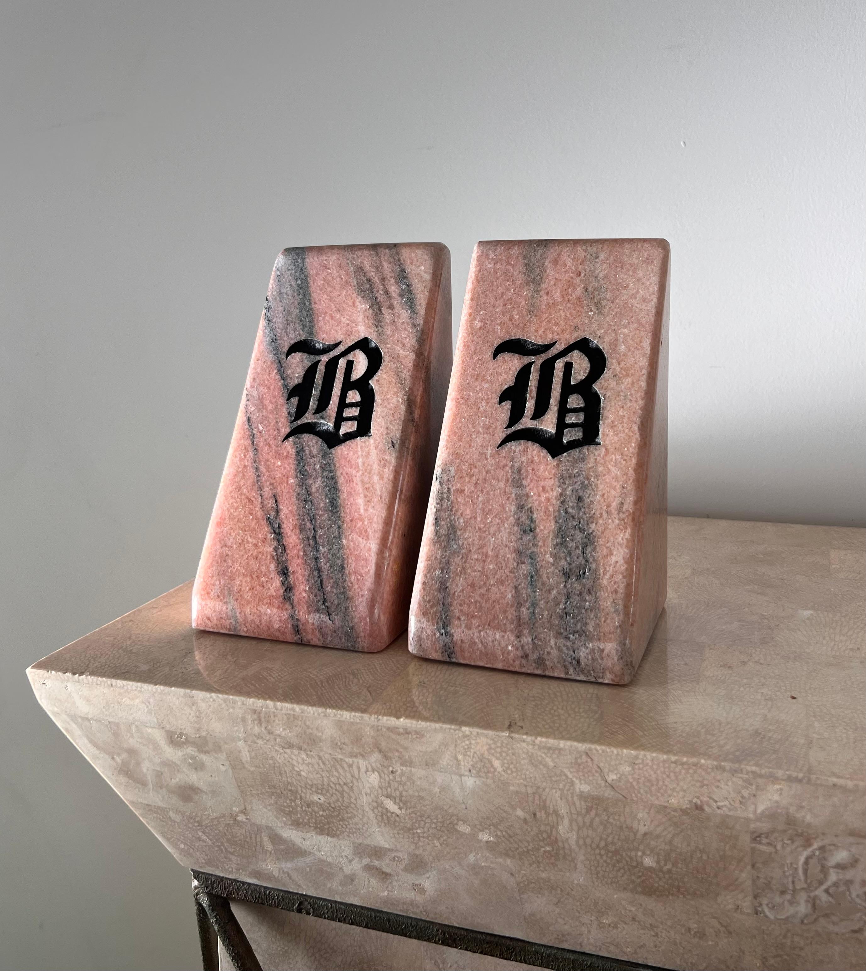 Vintage Pink Marble Bookends with Etched Gothic “B”, Late 20th Century For Sale 1