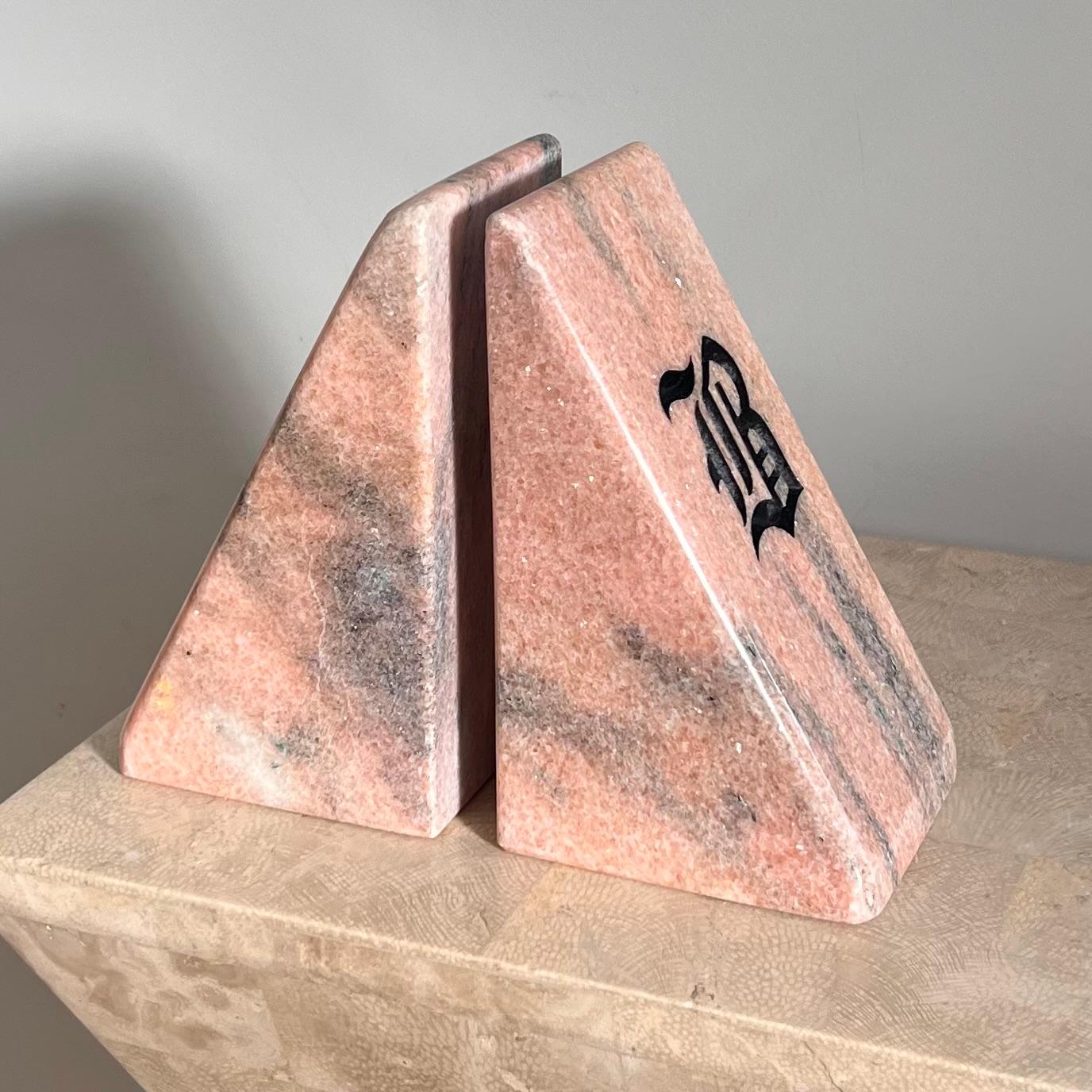 Vintage Pink Marble Bookends with Etched Gothic “B”, Late 20th Century For Sale 2