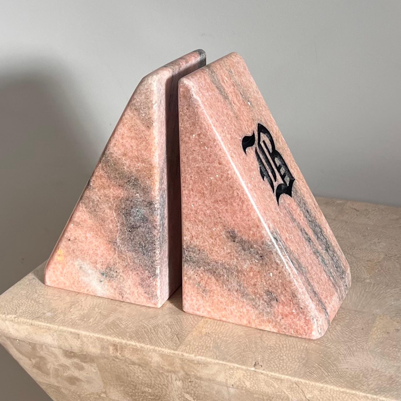 Vintage Pink Marble Bookends with Etched Gothic “B”, Late 20th Century For Sale 1