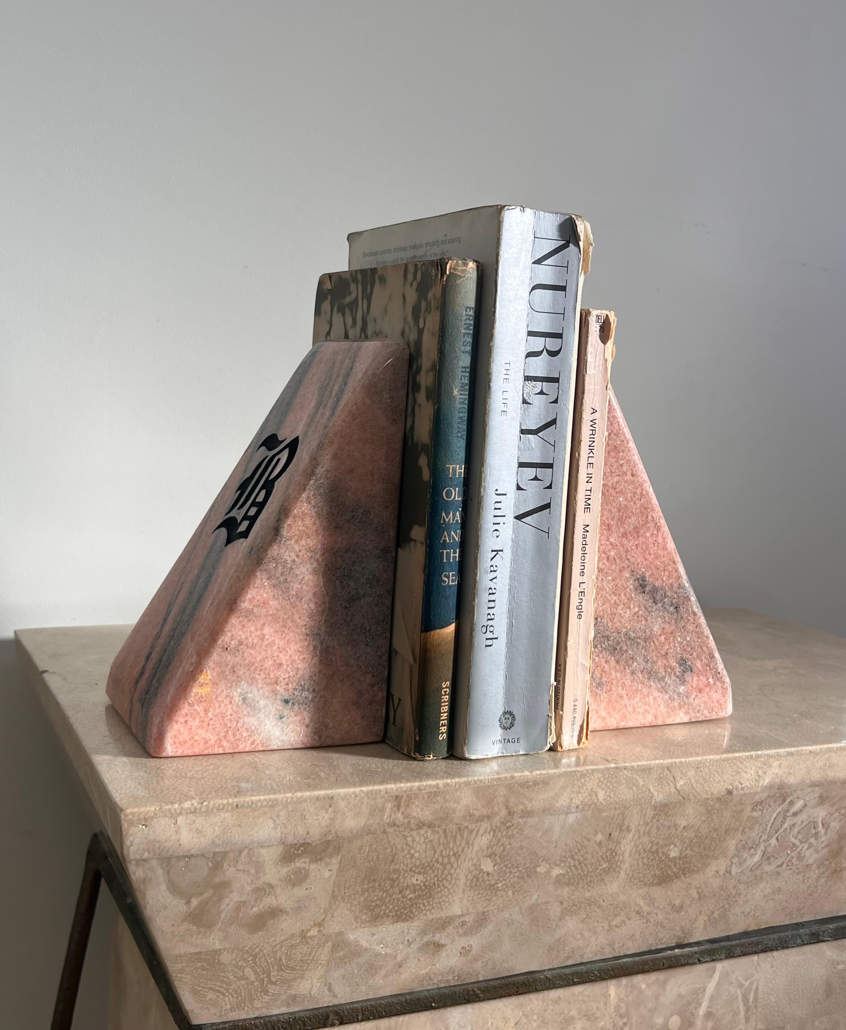 Vintage Pink Marble Bookends with Etched Gothic “B”, Late 20th Century For Sale 3