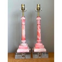 Vintage Pink Marble Carved Column Lamps - A Pair