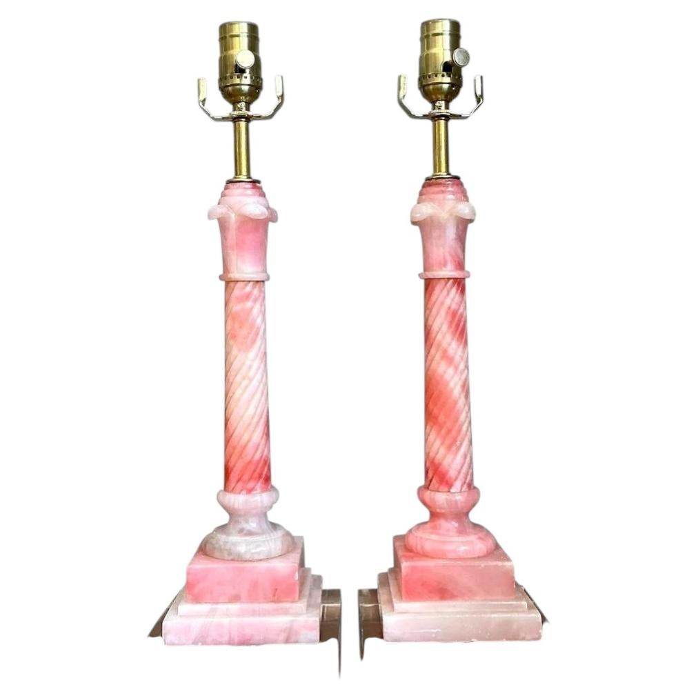 Vintage Pink Marble Carved Column Lamps - A Pair For Sale
