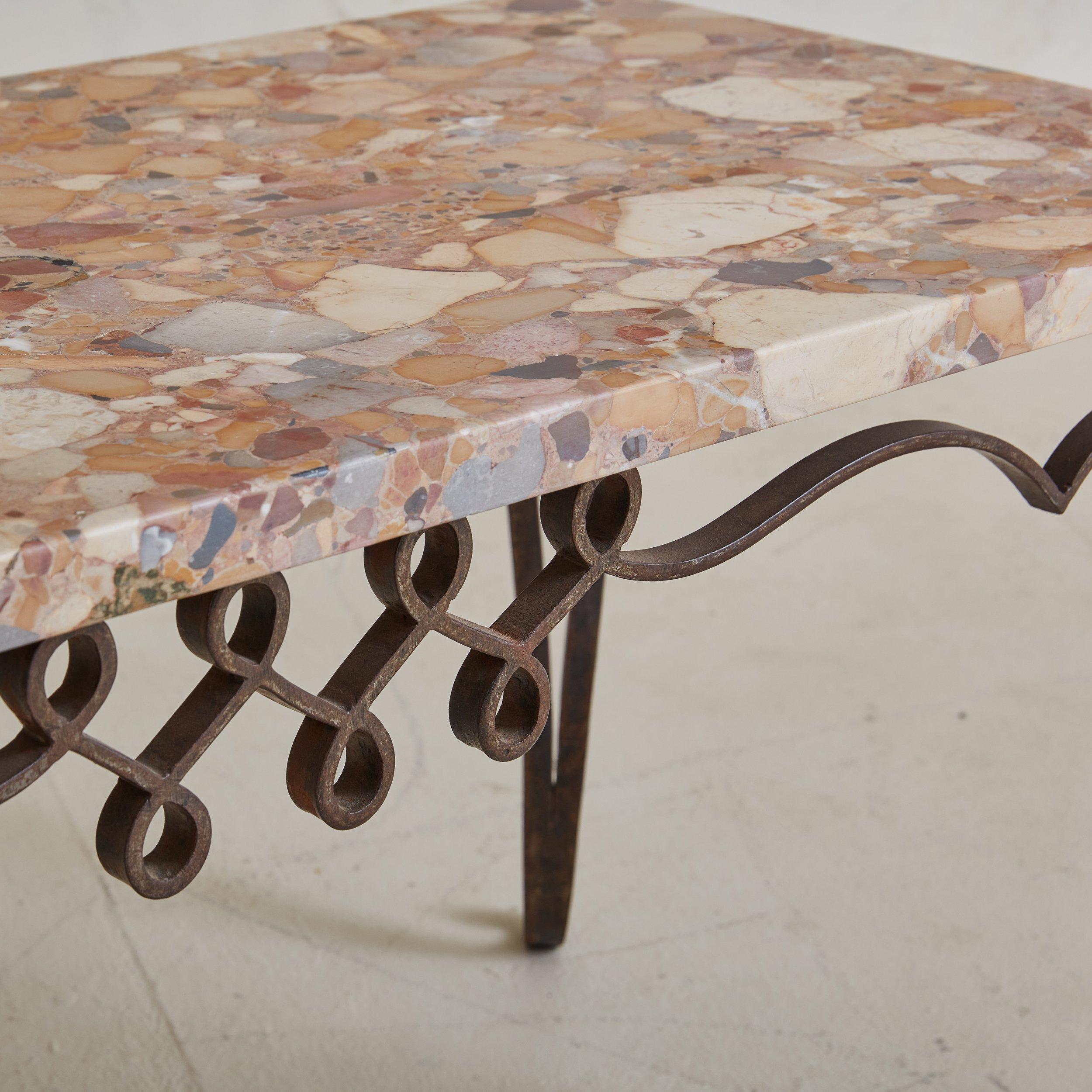 Italian Vintage Pink Marble + Hand Forged Iron Base Base Coffee Table, Italy For Sale