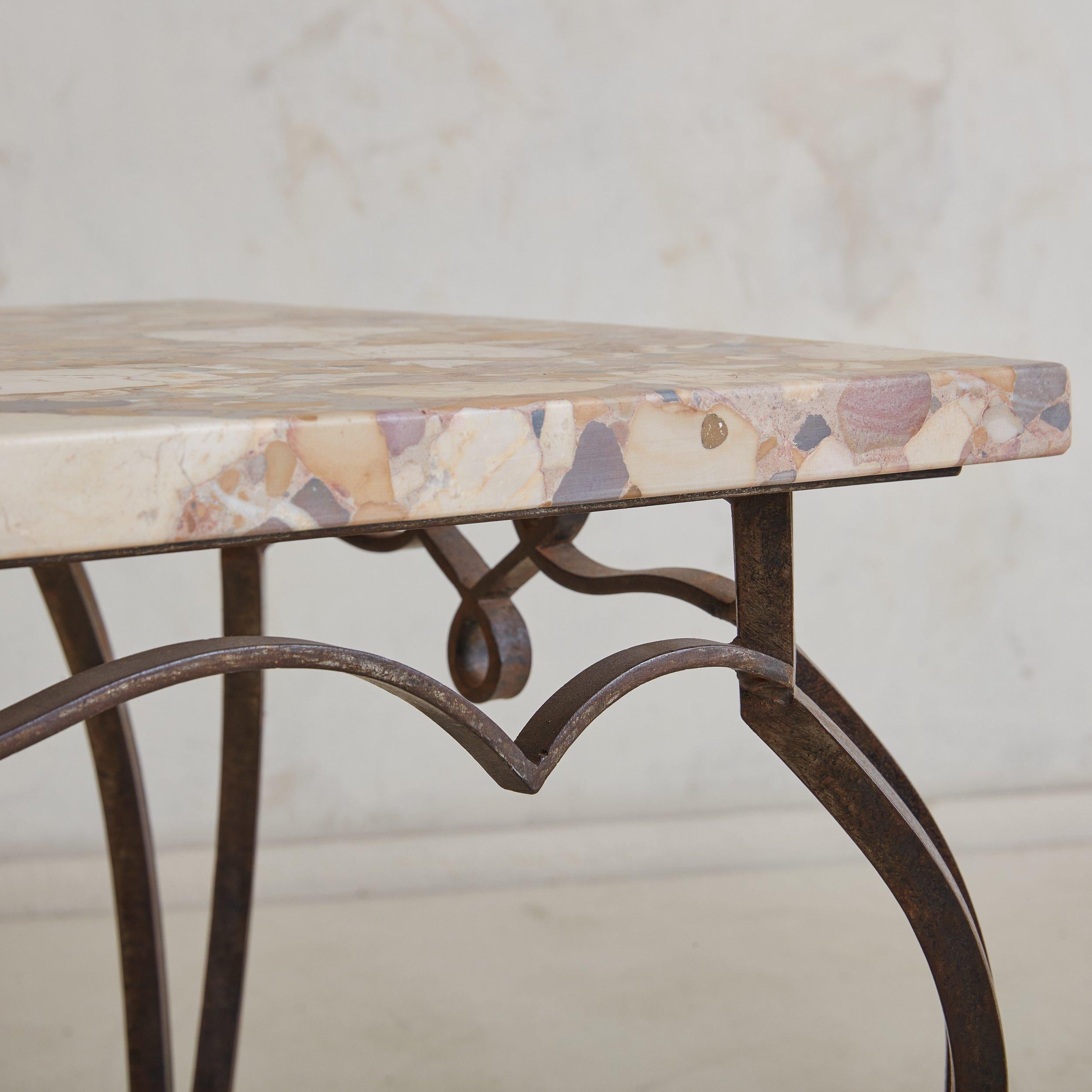 Vintage Pink Marble + Hand Forged Iron Base Base Coffee Table, Italy For Sale 3