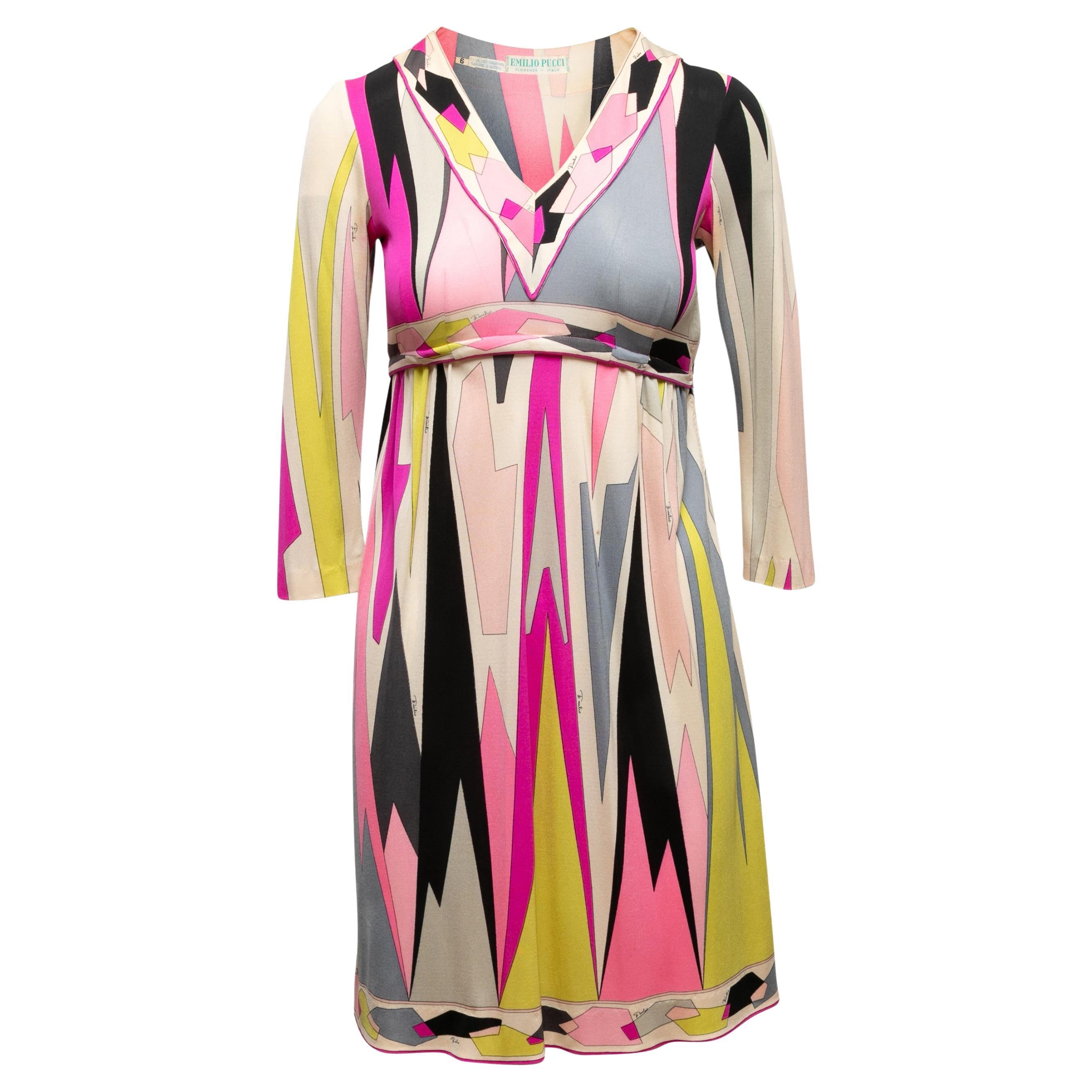 Vintage Pink & Multicolor Emilio Pucci 1970s Geometric Print Dress Size US 6 For Sale