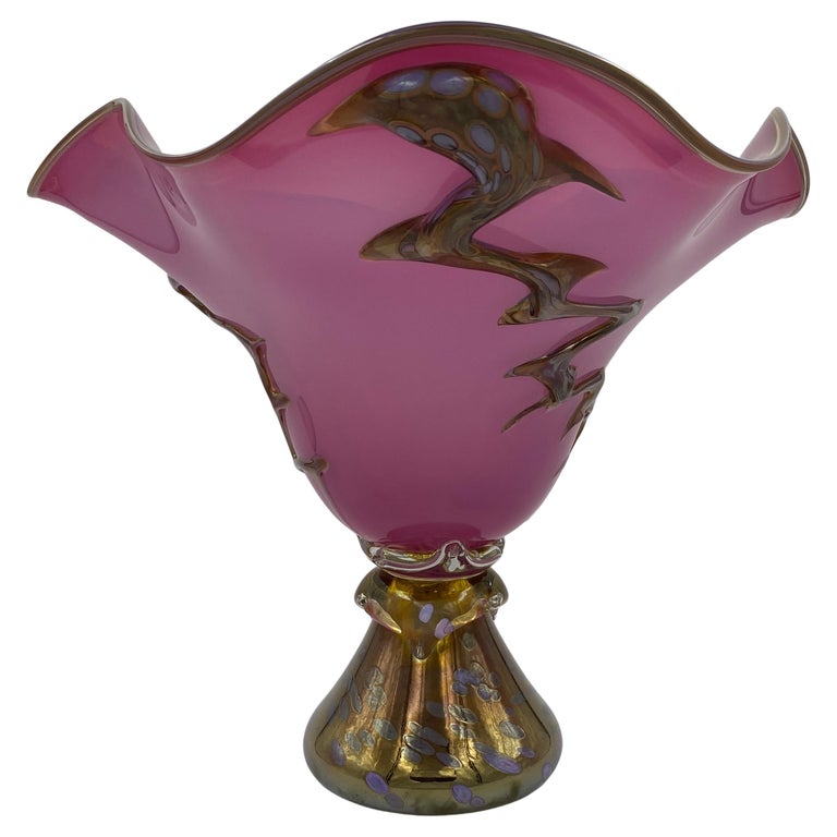Vintage Pink Murano Art Glass Bowl Centerpiece with Gold Finishes in