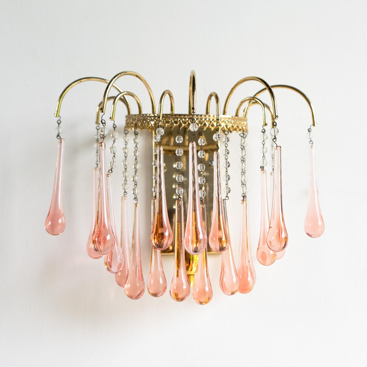 Hollywood Regency Vintage Pink Murano Glass Teardrop Waterfall Sconce Wall Light, 1960s