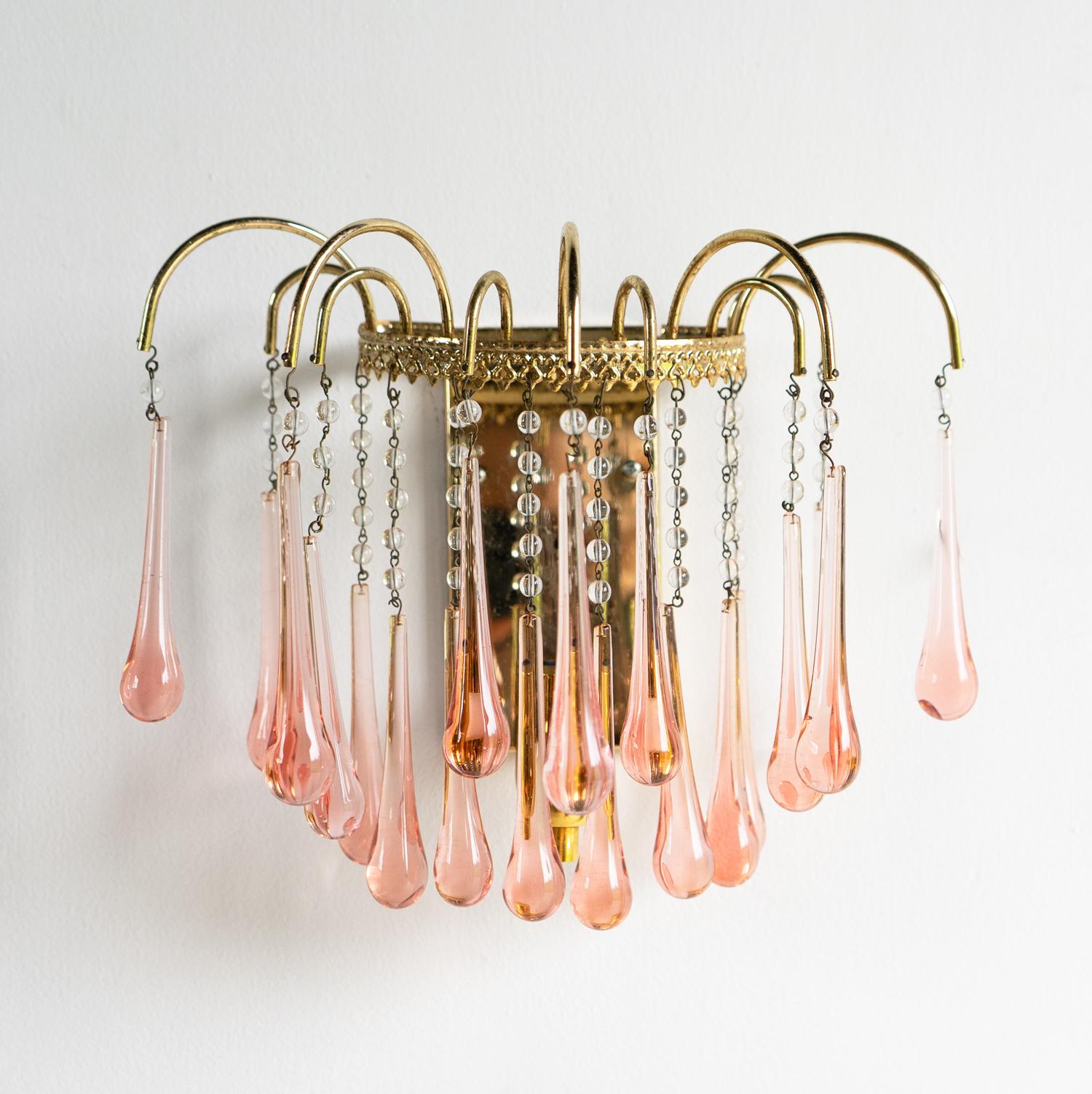 Gilt Vintage Pink Murano Glass Teardrop Waterfall Sconce Wall Light, 1960s