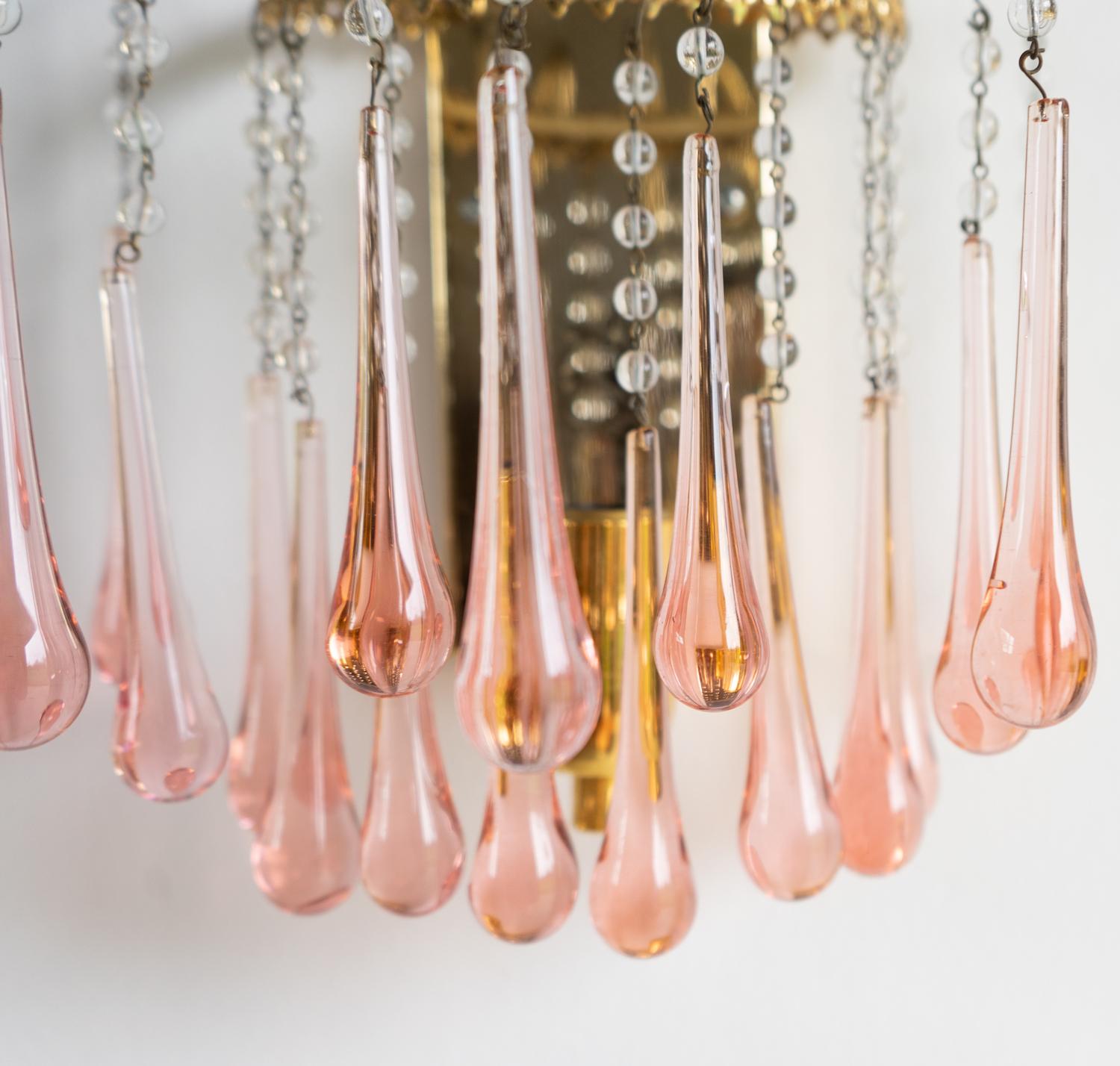 Vintage Pink Murano Glass Teardrop Waterfall Sconce Wall Light, 1960s In Good Condition In Bristol, GB