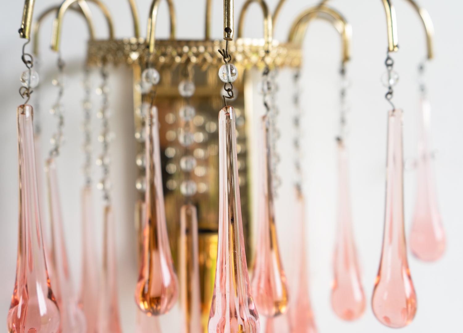 20th Century Vintage Pink Murano Glass Teardrop Waterfall Sconce Wall Light, 1960s