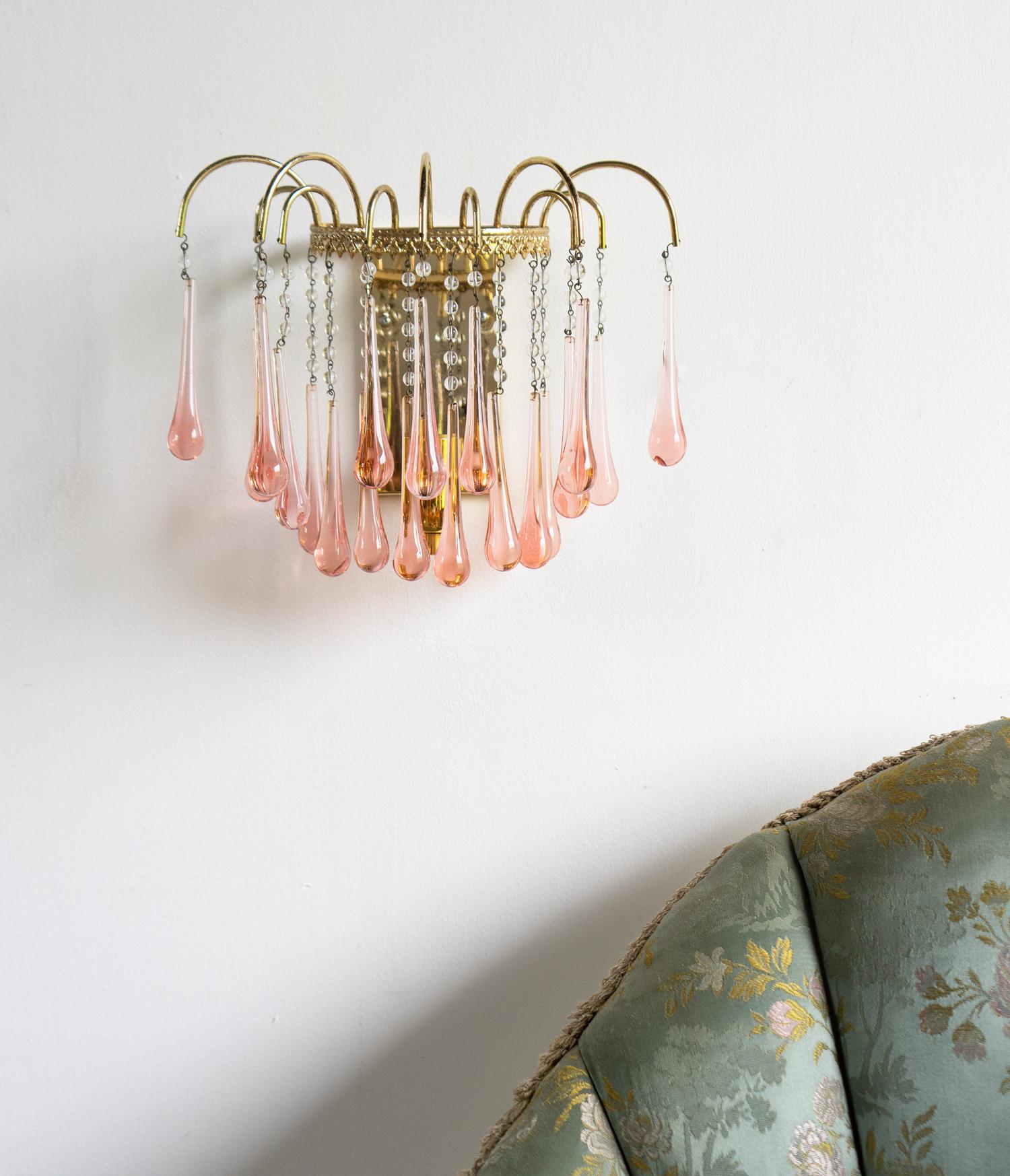 Vintage Pink Murano Glass Teardrop Waterfall Sconce Wall Light, 1960s 1