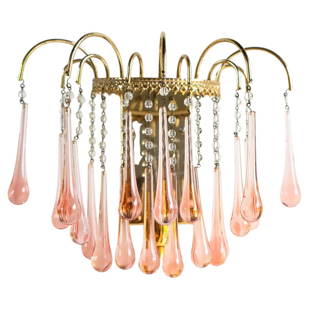 Lampada da parete a cascata a goccia in vetro di Murano rosa vintage, anni '60