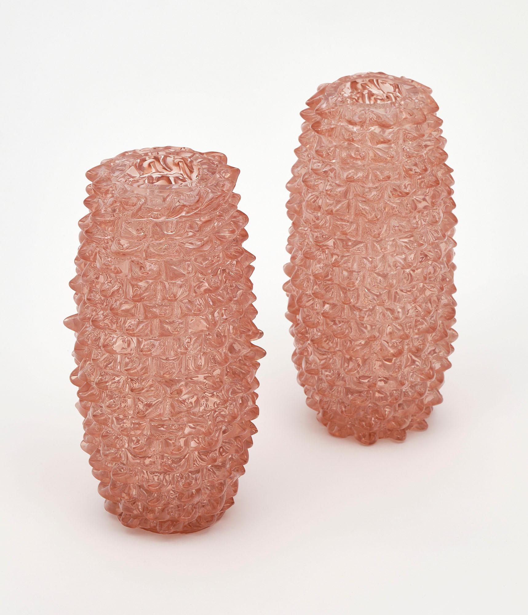 Pair of vases from the island of Murano made of hand-blown glass crafted in the “rostrate” technique (beaked). We love the beautiful pink tone!