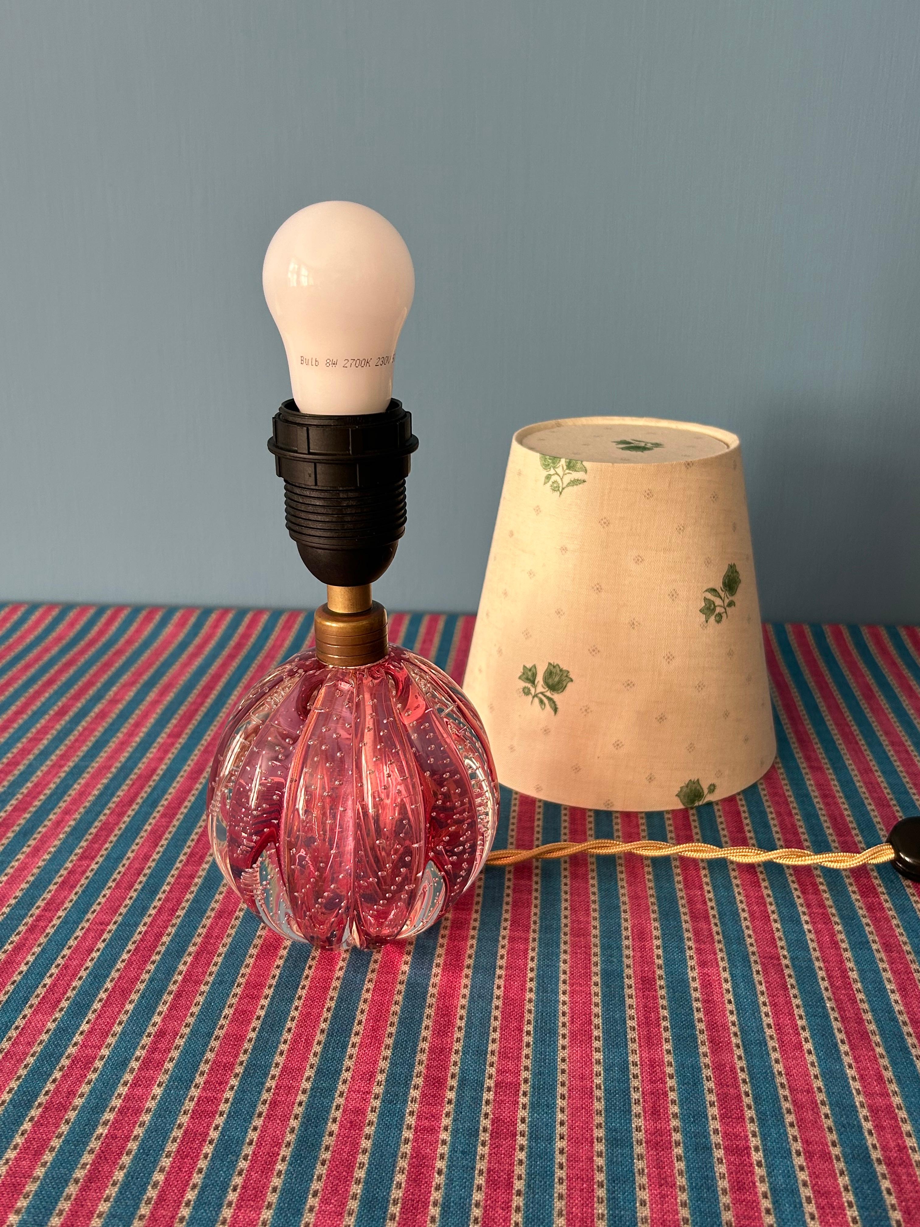 Textile Vintage Pink Murano Table Lamp with Customized Green Floral Shade, Italy, 1950s For Sale
