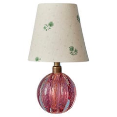 Retro Pink Murano Table Lamp with Customized Green Floral Shade, Italy, 1950s