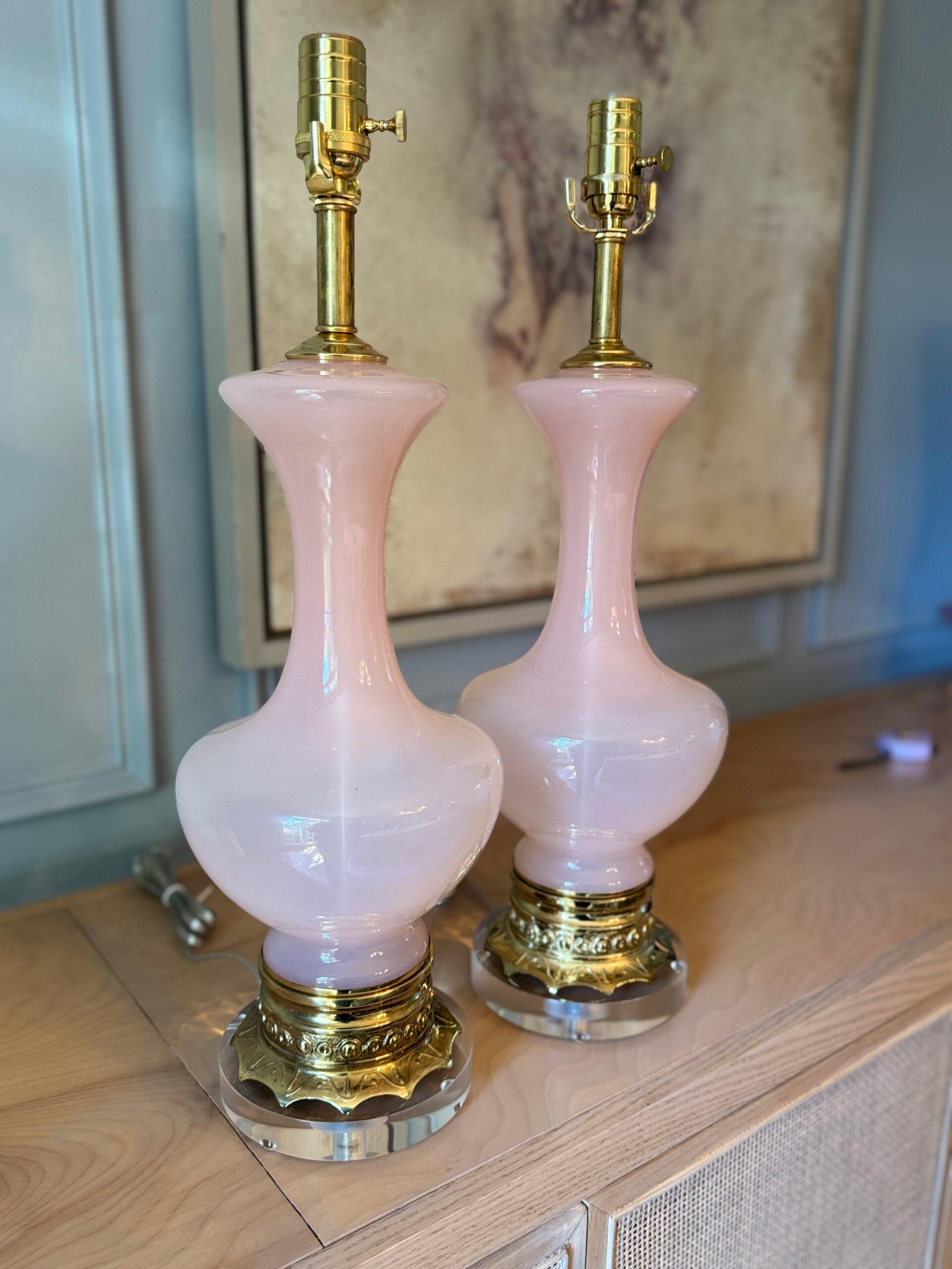 Brass Vintage Pink Murano Table Lamps – a Pair For Sale